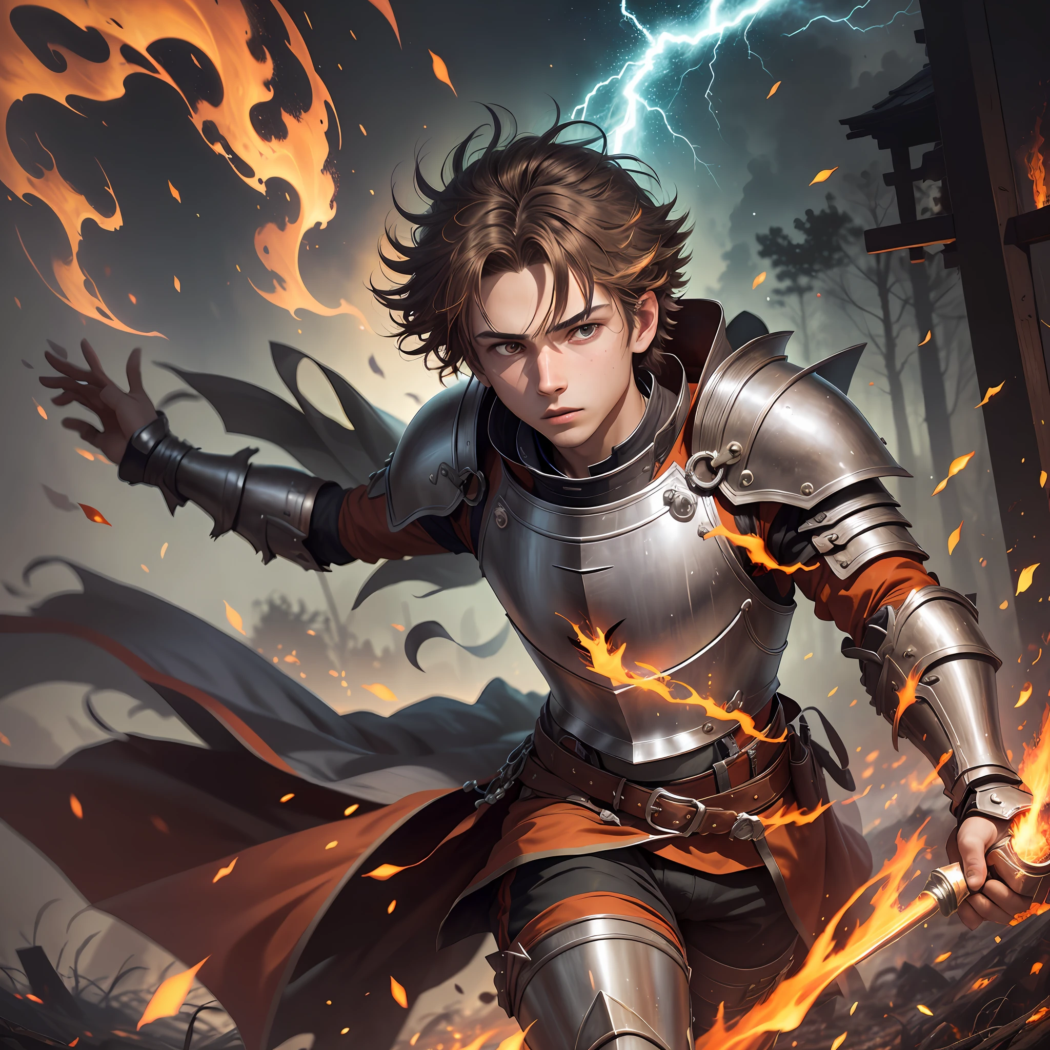 a -yeld te1 boy, brown short hair, light brown short hair, short hair parted in the middle, man's short hair with locks, bright green eyes, without a beard, without a goatee, no facial hair, silver and red colored medieval knight armor, red clothes, closeup shot, whirling wind, lightning around character, night complex background, highly detailed, (gloomy:1.3), dark, dimmed, hdr, vignette, grimy, Fire Manipulation, Phoenix Physiology, Fire Magic, Fire Attacks, night sky at entrance, fire light in the background, forest burning, floating many bright flames of yellow and orange fire particles, burning fire in hand, floating many flames of fire
