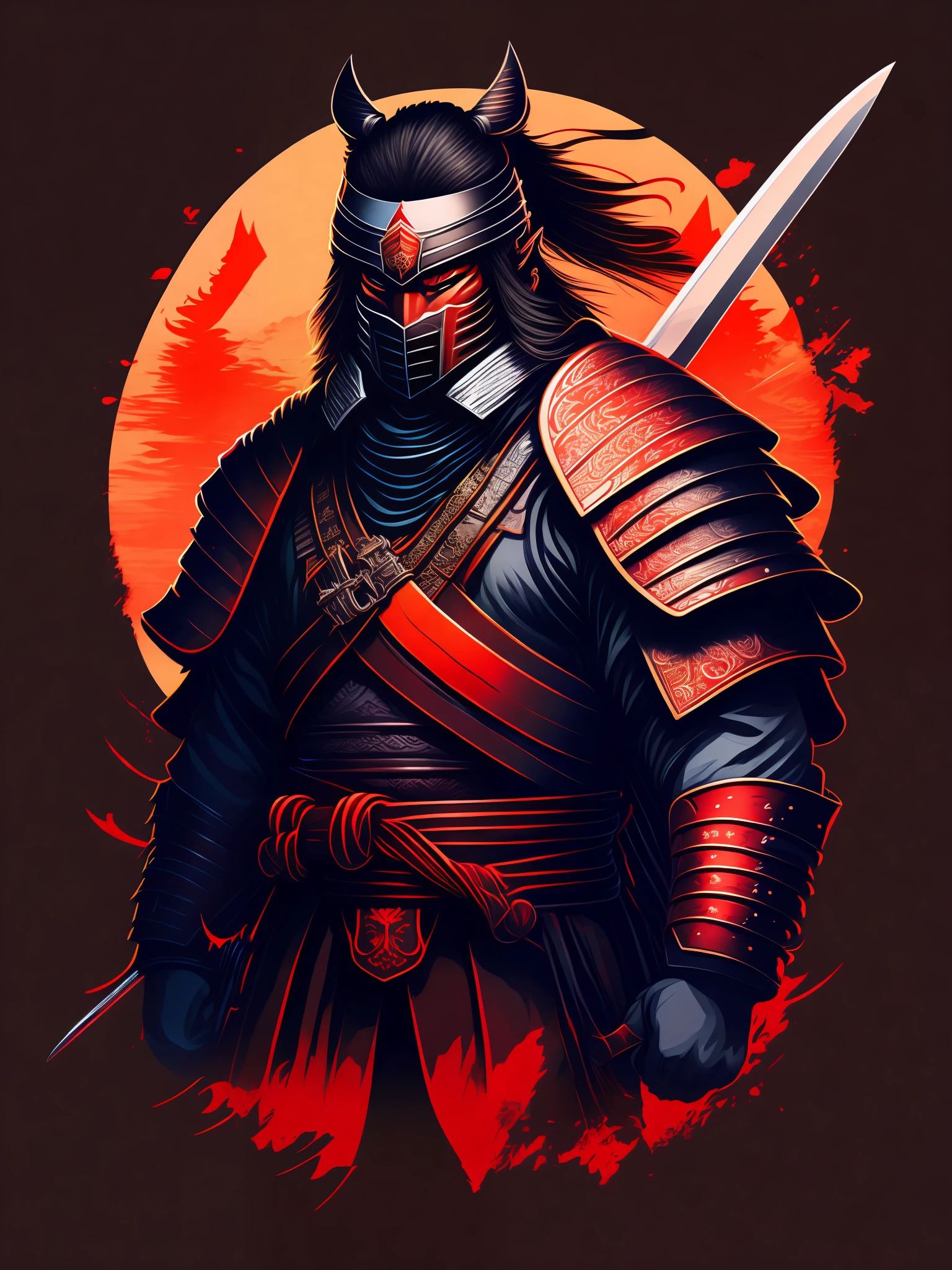 A powerful warrior samurai, tshirt design, rzminjourney, vector-art