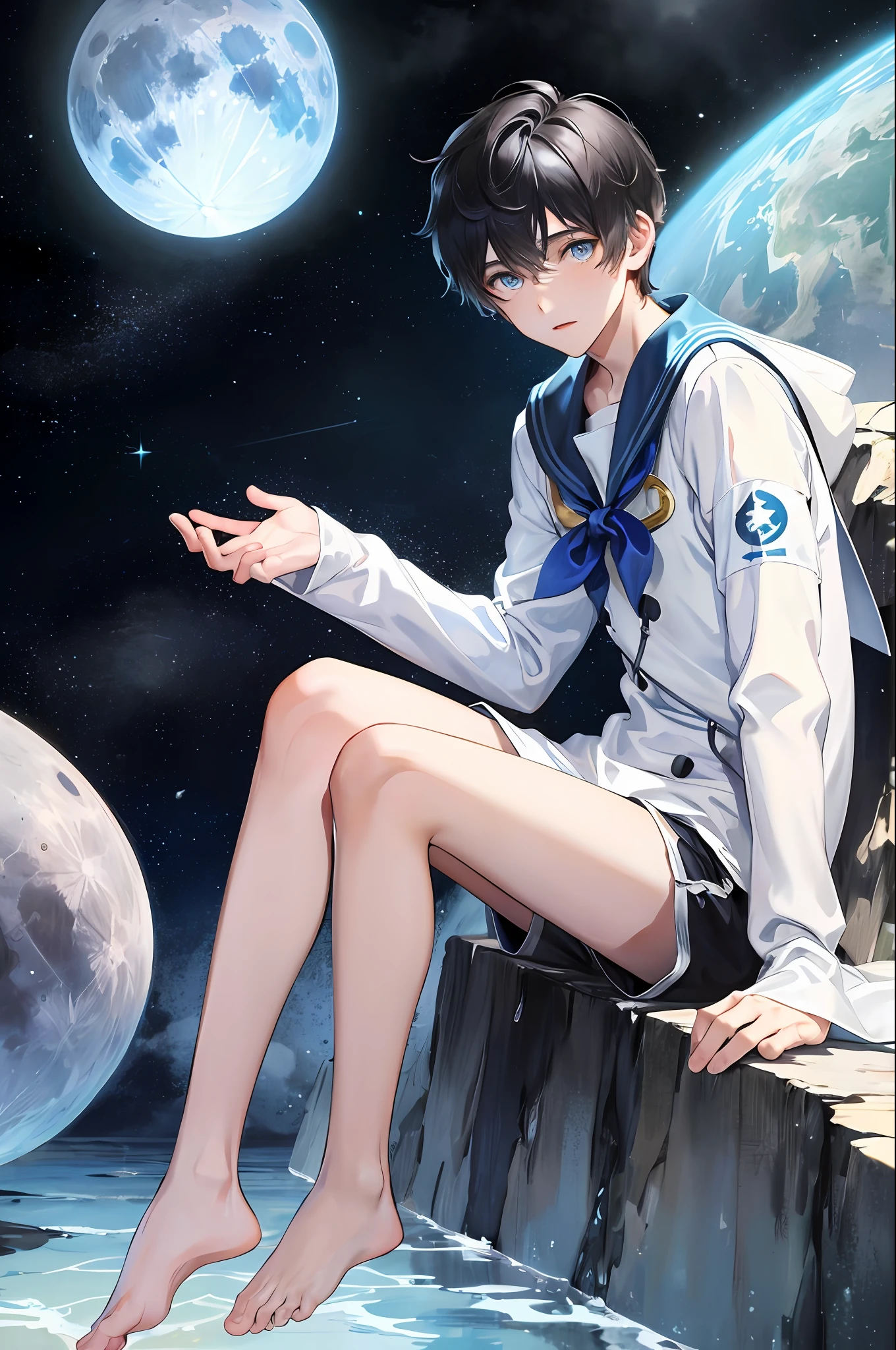 1 boy, cosmos, sitting on the moon, sailor suit, teen, blue eyes, black hair, barefoot, shorts, starry sky