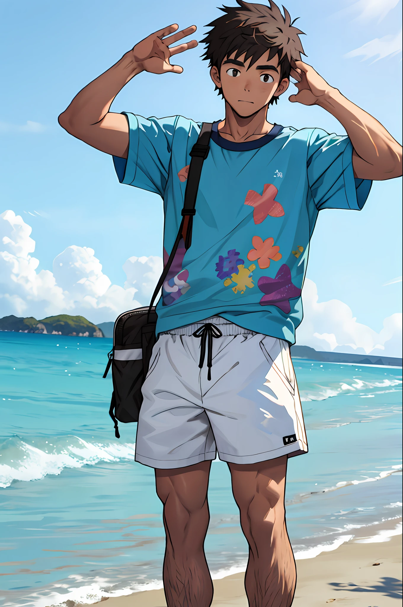 Male 18 year old, simple background, beach outfit, surprised gesture,