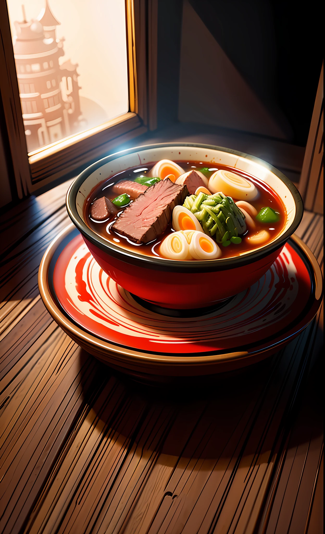 a bowl of beef noodle soup, ((masterpiece)),illustration,high detail, soft lighting, delicious, colorful, aesthetically pleasing, studio lighting, trending