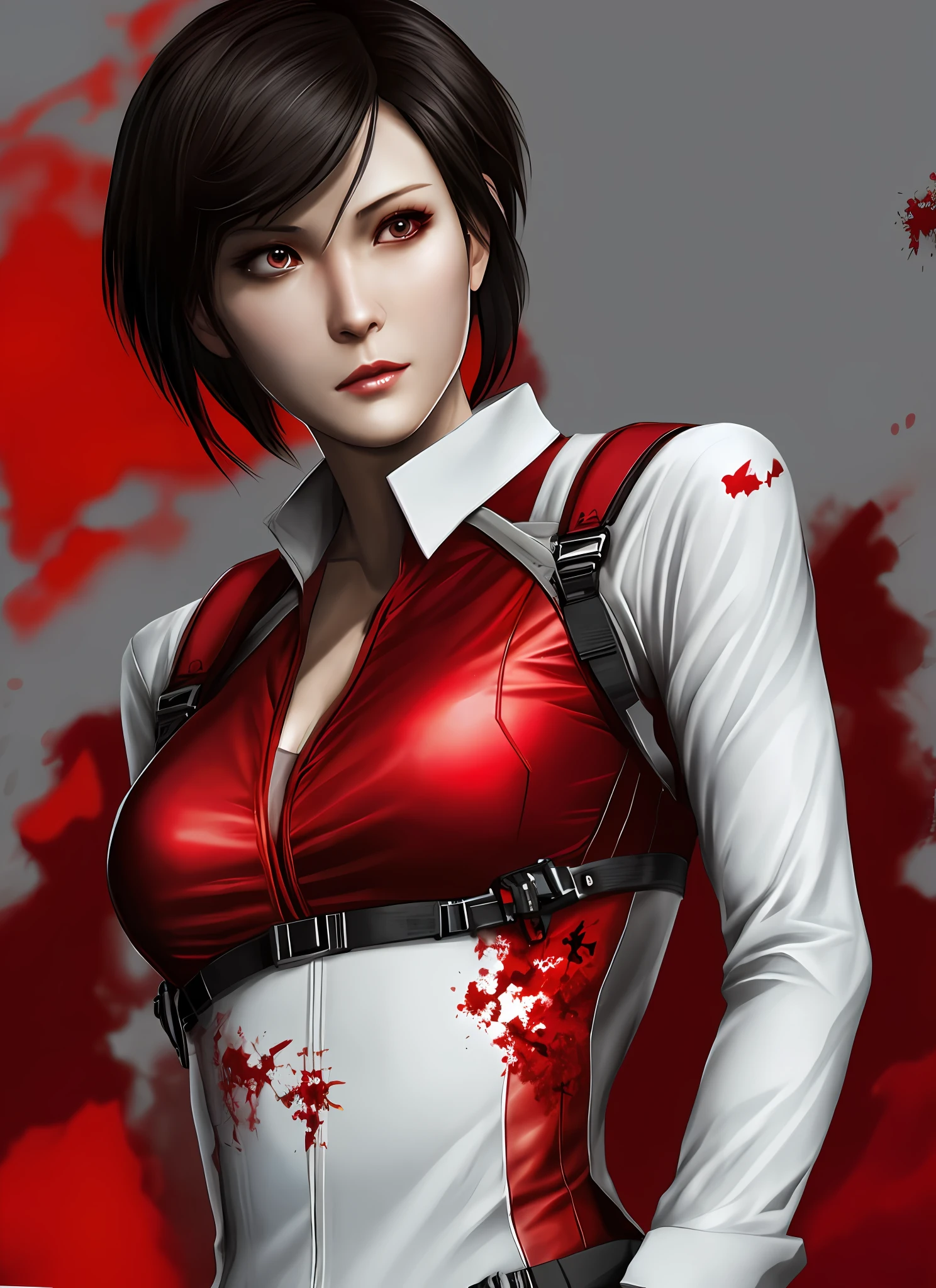 Ada Wong dressed red color, natural chest, high resolution, realistic art, zombie fighting, 1girl, solo, white color installation background.