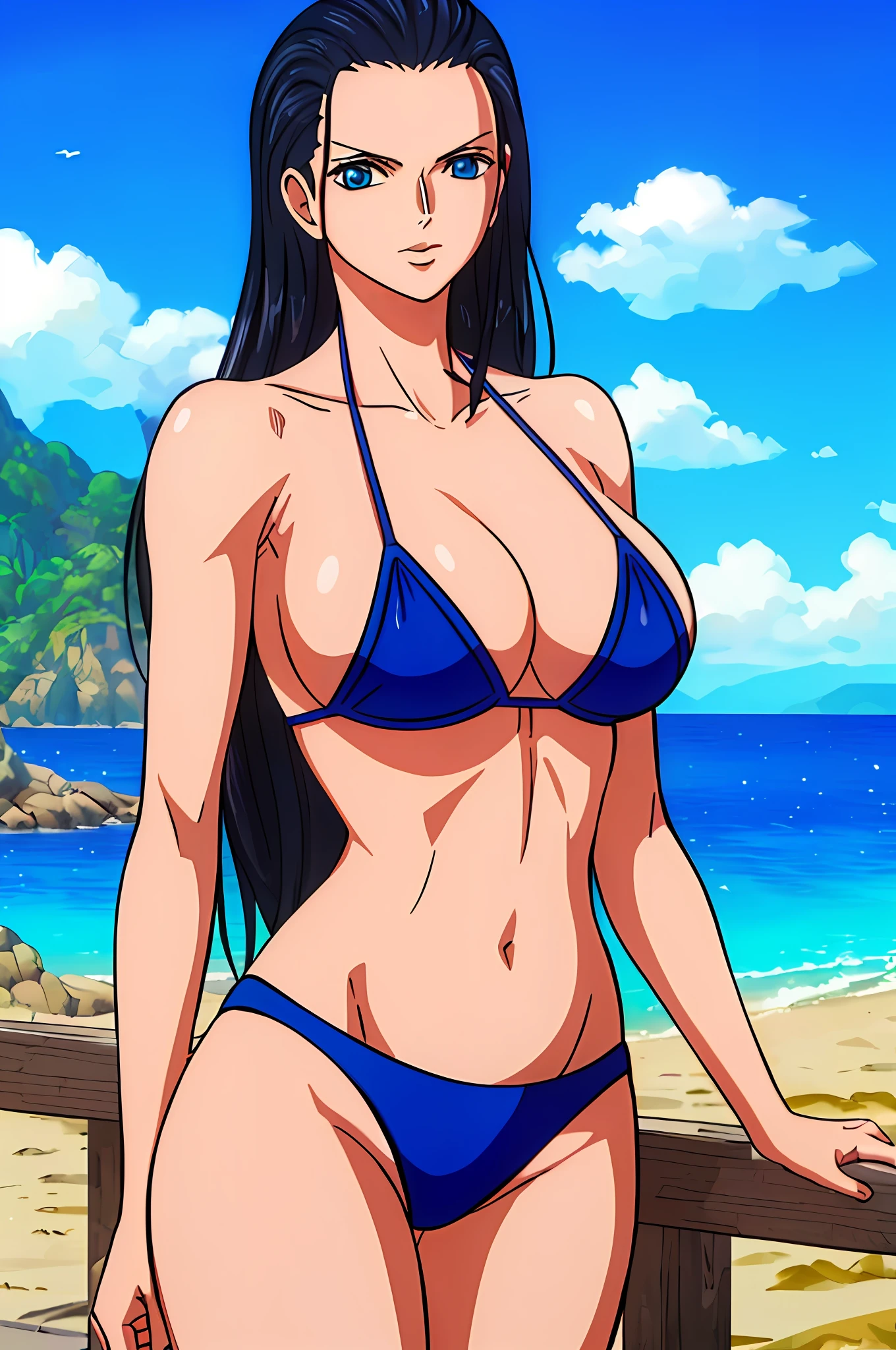 (masterpiece, best quality:1.4), ultra detailed, wanostyle, nico robin, blue bikini, hair slicked back, (cowboy_shot:1.2), mature body, beach, blue sky, standing, (well drawn face, hand, body:1.2), soft colouring, (good composition:1.3), busty