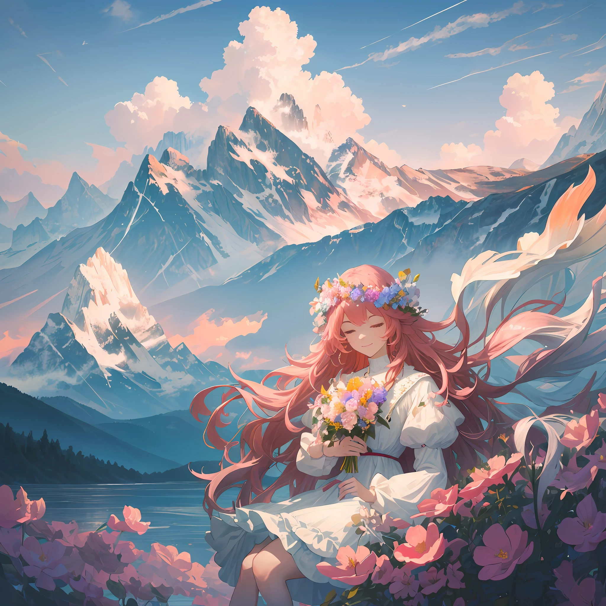 Masterpiece, best quality, high quality, ultra high definition, CG, 8K, sea of flowers, colorful, dense, auspicious clouds, bloom, sunset, thousands of mountains and waters, sky, white clouds, landscape, bokeh, color difference, realistic, very detailed, high detail, ultra-clear, comfortable, a picture full of happiness.