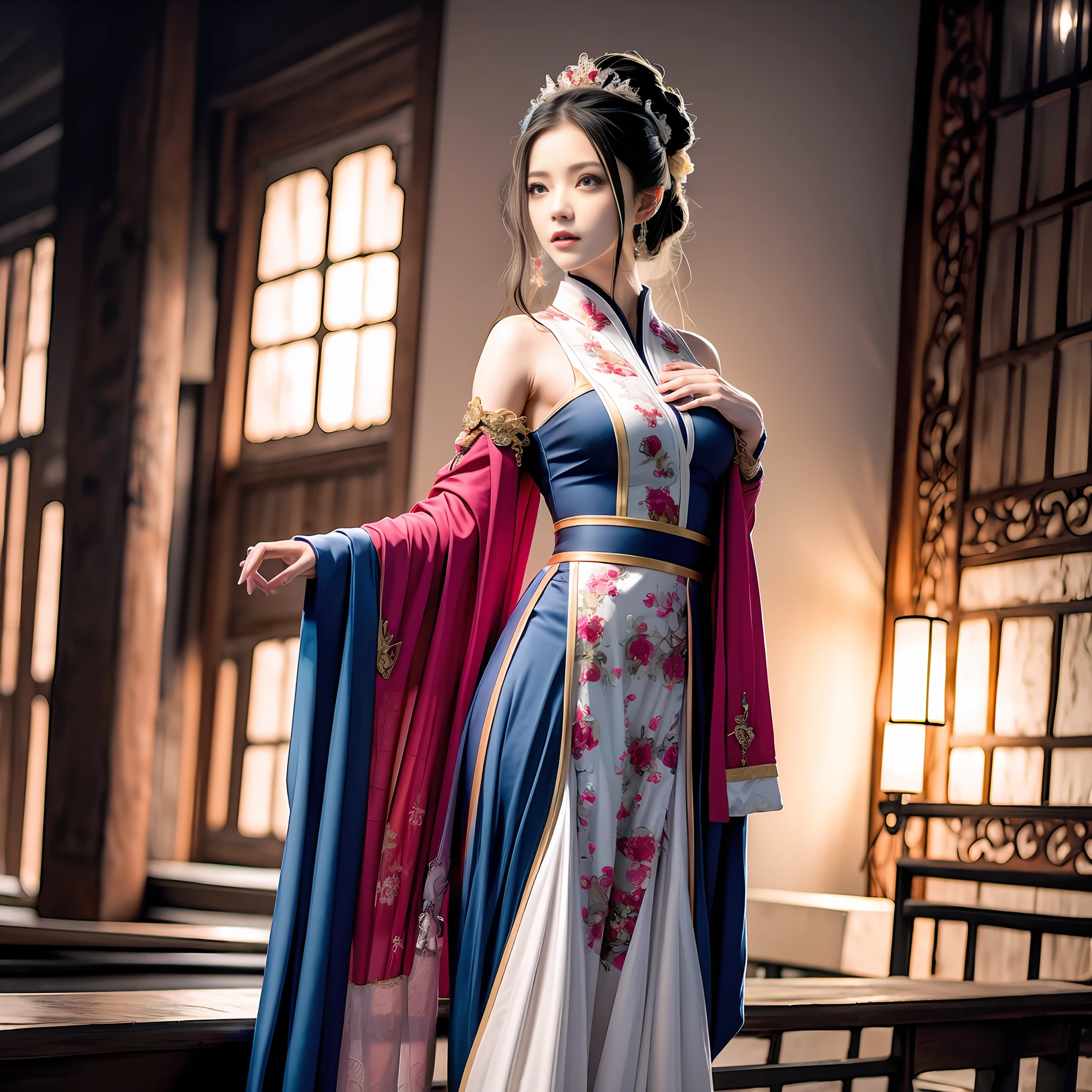 masterpiece, top quality, hireless fix, 8K, professional lighting, photon mapping, radiosity, physically based rendering, 1 girl, wuxi 1 girl, solo, ornaments, full body, absurdity, high resolution, skyline, beautiful detailed sky, covered, pleated skirt, elegant, haufu,