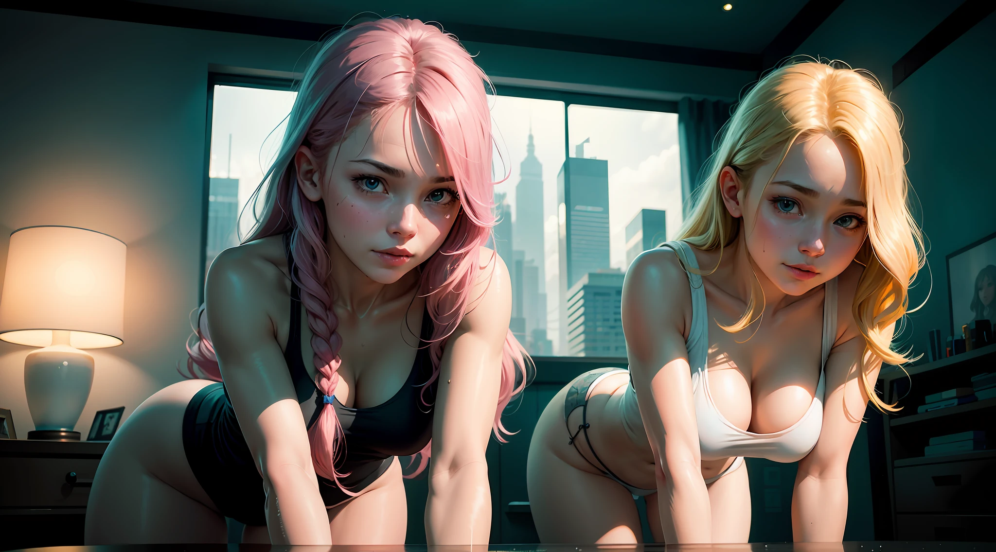 (2 young girls: 1.2), cheerful face, original pink long hair, long eyelashes, beautiful eyes with brightness, surrealism, stereogram, (photorealistic, realistic: 1.2), atmospheric perspective, cinematic lighting, ray tracing, 8k, super detail, best quality, masterpiece, well detailed, (Canan EOS R6, 135mm, 1/1250s, f/2.8, ISO 400:0.9), cyberpunk room, interior night, cleavage, string, tank top white, bubble butt, round small ass, bend over, dynamic pose, dynamic lighting, white tank top, raining, wet skin, panties