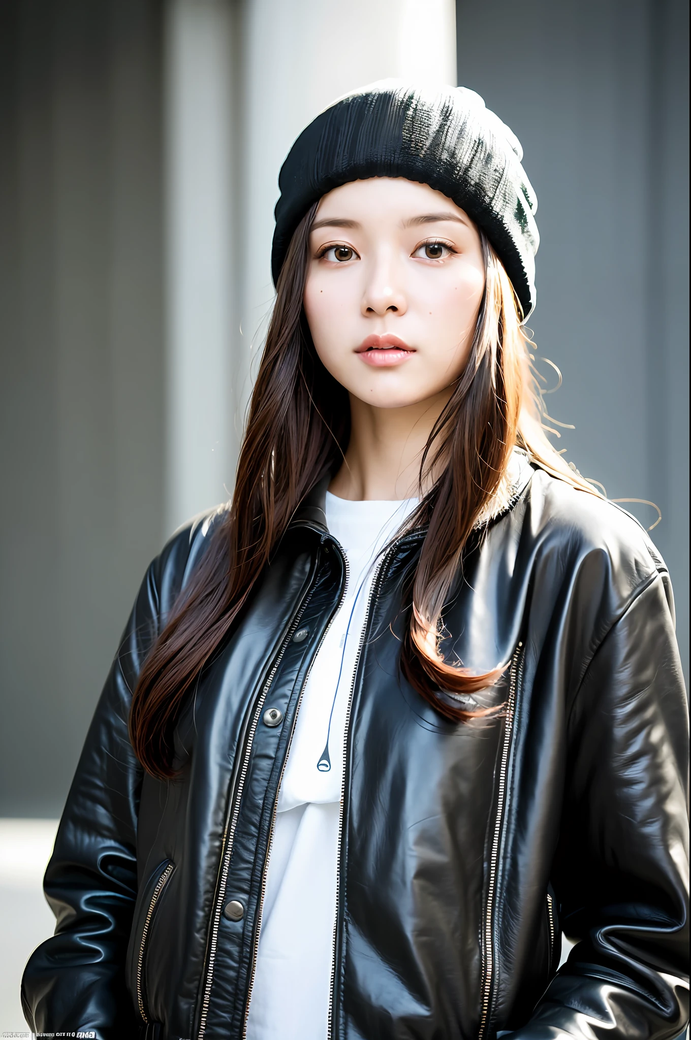 (
(8k:1.27), best quality, masterpiece, ultra highres:1.2) Photo of Pretty Japanese woman
 (beautiful:1.1) (sci-fi warrior woman:1.1) space soldier, (beanie:1.61) (leather jacket:1.21) intricate elegant, fantasy, detailed, ometric by greg rutkowski and alphonse mucha, gradient lighting