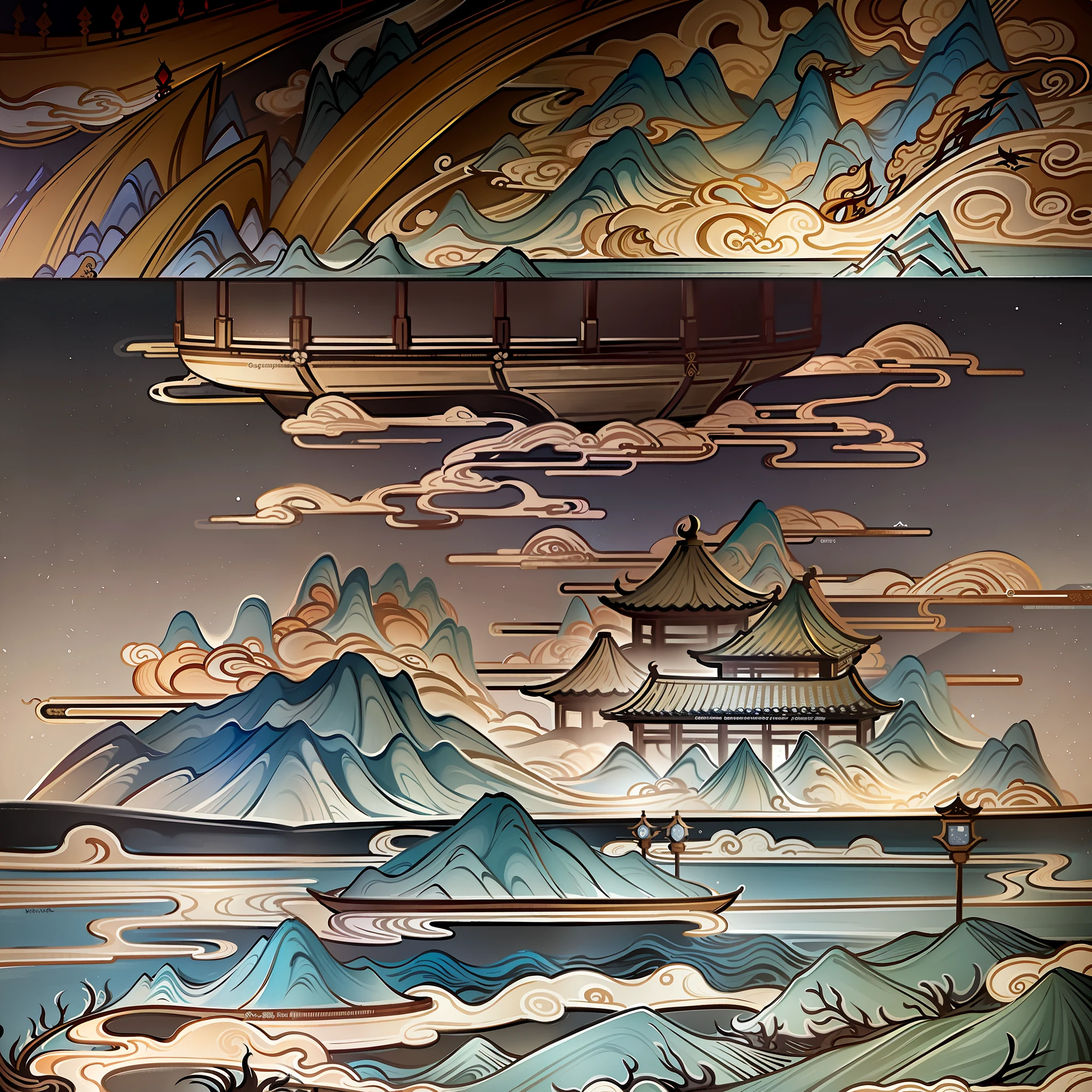 An ancient Chinese painting, ancient Chinese background, mountains, rivers, auspicious clouds, pavilions, sunshine, masterpieces, super detail, epic composition, ultra HD, high quality, extremely detailed, official art, unified 8k wallpaper, Super detail, 32k -- v 6