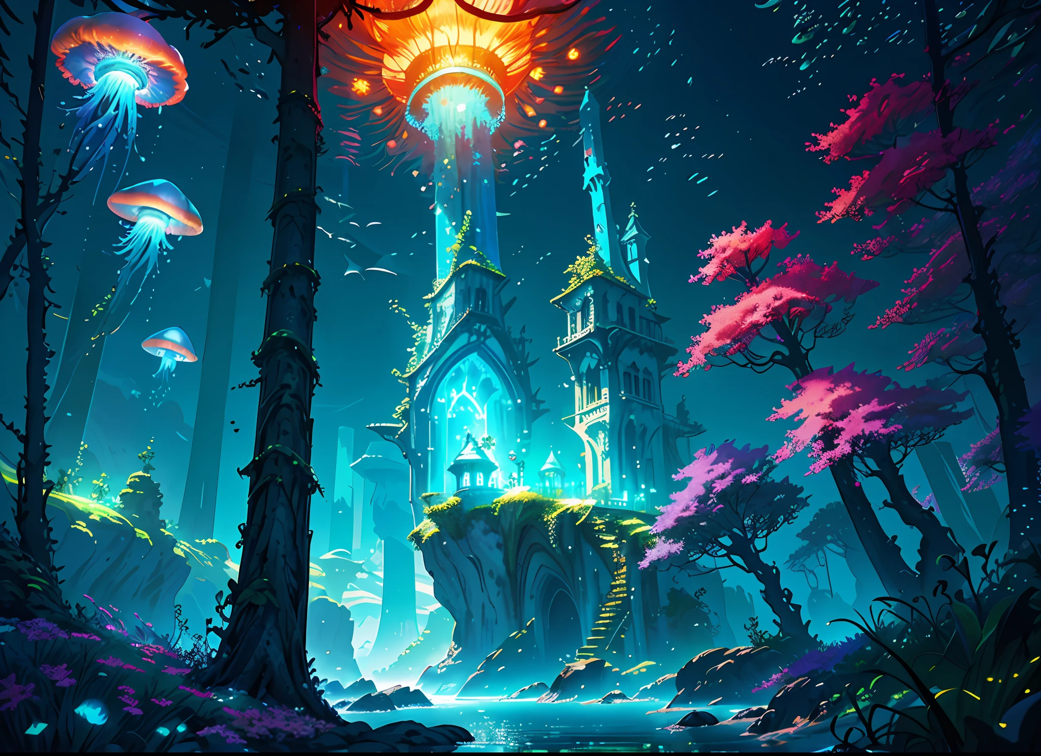 Masterpiece, High Quality, Ocean Forest, City, Fantastic Fantasy, Glowing Plants, Coral Viaduct, (Swarm of Glowing Jellyfish), (Shoal of Fish with Transparent Wings Flying in the Sky), Misty, Extreme Detail, Morning Light, Epic Composition, (Intricate Detail), (Intricate Design, Ultra Detail: 1.2), Art Station, (Masterpiece, Best Quality), Ultra HD, 32k ,under water, 1 girl, futuristic dive suit, extension image, focus on the scenery,, acrylic palette knife, 4k, vibrant colors, devinart, trending on artstation,octane render, bioluminescent,8K resolution concept art, realism,by Mappa studios,masterpiece,best quality,official art,illustration,ligne claire,(cool_color),perfect composition,absurdres, fantasy, extension image, octane render, bioluminescent
