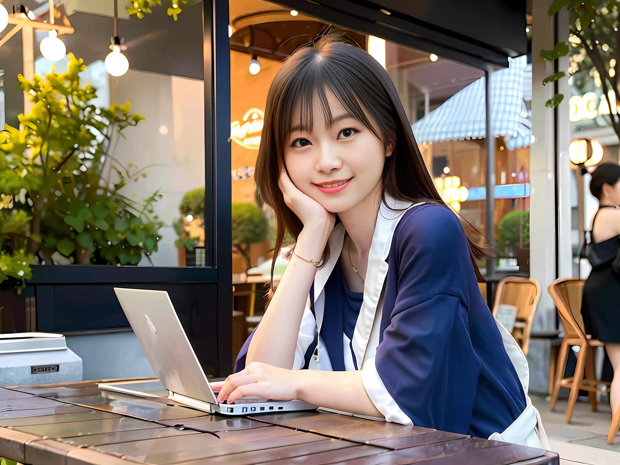Smiling Japan woman facing laptop on café terrace in Shibuya. Under the azure sky, she is drinking coffee and looking at her computer pensively. It is desirable that the image be hyperrealistic, with fine detail, and a high resolution of 16K. The lighting is soft and natural, highlighting the woman and her surroundings. The colours are warm, and the women's attire complements the atmosphere of the café. The Nikon D850 digital SLR camera and Nikkor 85mm f/1.8G lens are used for this shooting. It has a resolution of 45.7 megapixels, an ISO sensitivity of 64 and a shutter speed of 1/200 of a second.