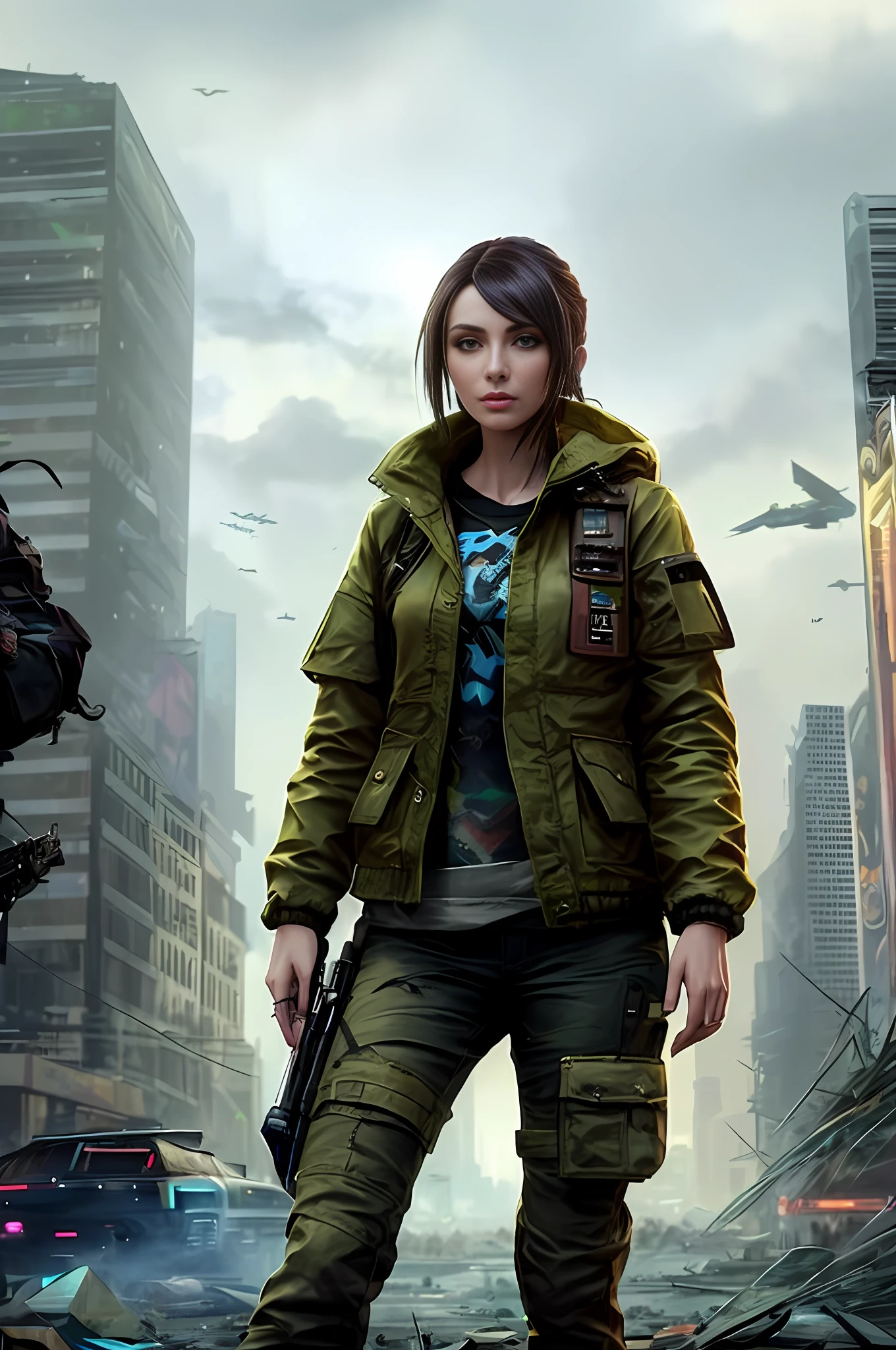 arafed image of a woman in a green jacket and a man in a black shirt and a man in a green jacket and a man in a black shirt, wojtek fus, cyberpunk 2 0 y. o model girl, cyberpunk beautiful girl, has cyberpunk style, cyberpunk girl, cyberpunk women, hyper-realistic cyberpunk style, cyberpunk character art, cyberpunk anime girl