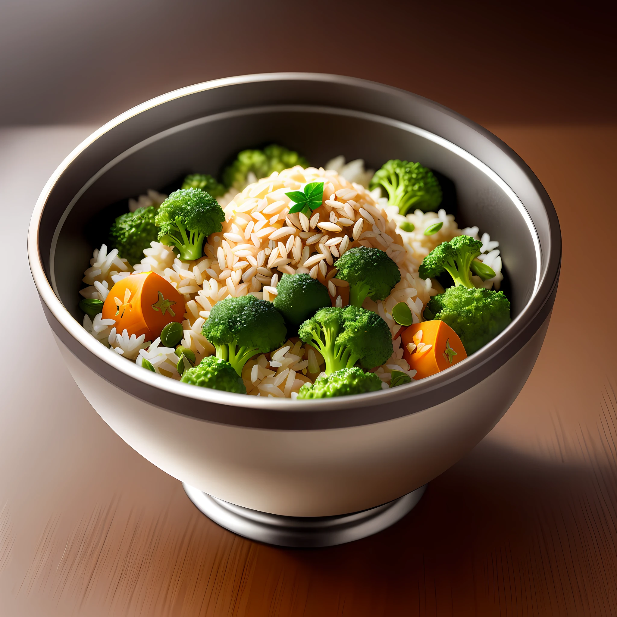 Ultra realistic style, stainless steel bowl with ((brown rice)), broccoli, pea, pumpkin seed, intricate details, dslr, 100 mm, pets, diffused light, Studio photography, professional advertising, 8k