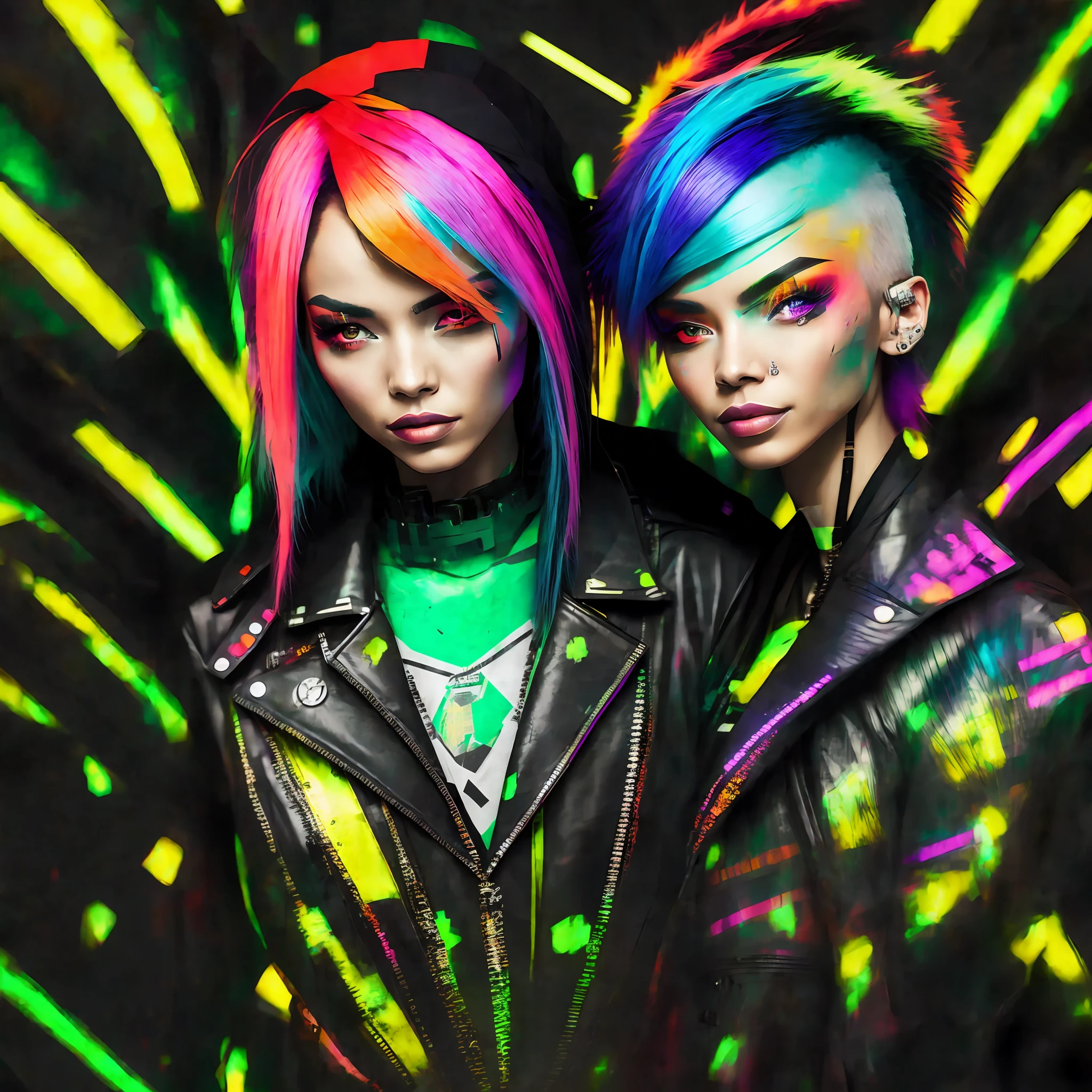 two women with colorful hair and black leather jackets posing for a picture, cyberpunk vibrant colors, cyberpunk style color, cyberpunk art style, bright cyberpunk glow, cyberpunk colors, neon cyberpunk colors, neon cyberpunk style, in cyberpunk style, digital cyberpunk anime art, cyberpunk artstyle, glitchpunk girl, neon cyberpunk vibrant colors