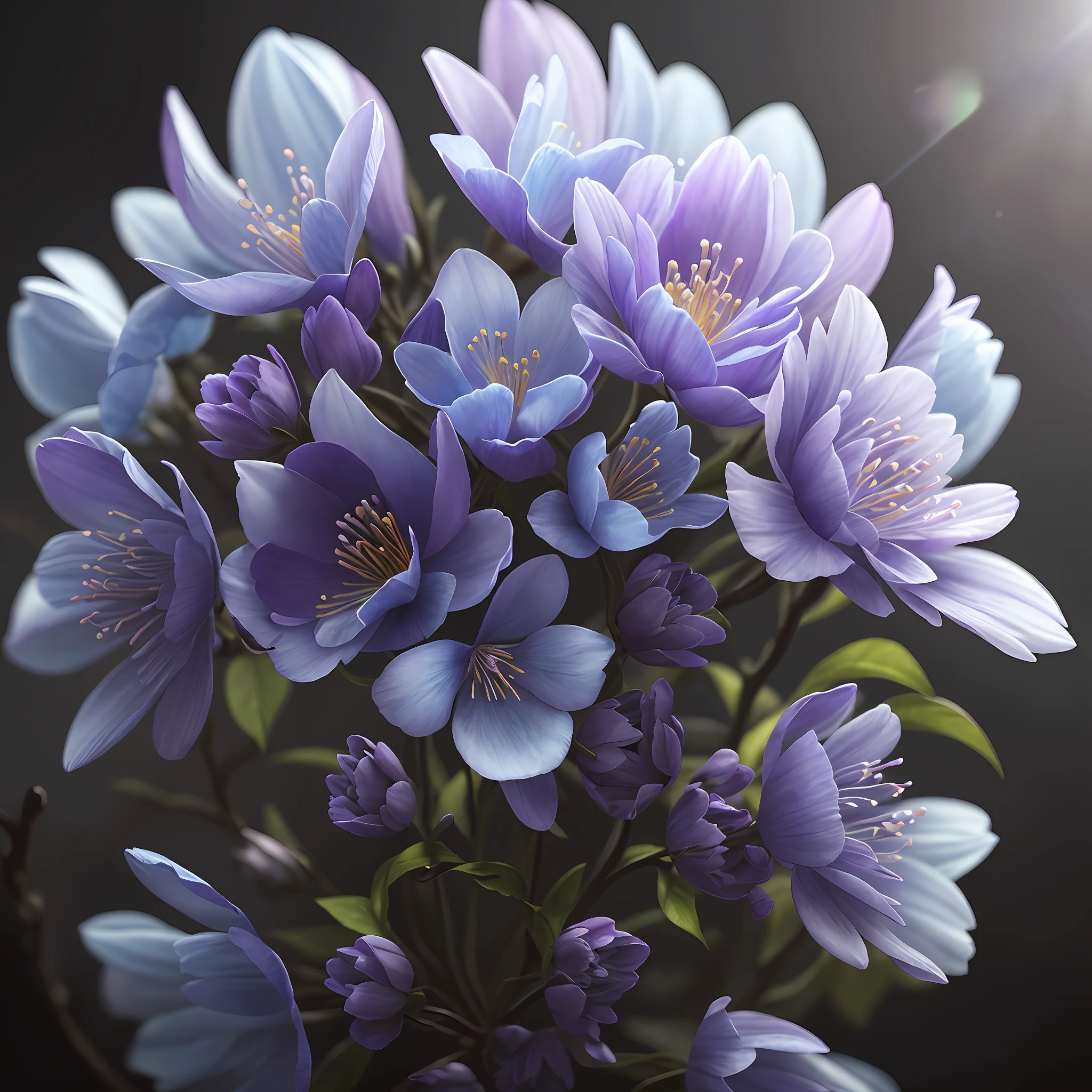 A Blue Flower, Ultra-Detailed Intricate Gothic Art Trends on Artstation Ternary Color Unreal Engine 5 Unreal Engine 5 Detailed Matte Painting, Dark Color, Dreamy, Intricate Detail, Splash Screen, Complementary Colors, Fantasy Concept Art, 8k Resolution, Gothic Deviant Art Masterpiece, (Dark Shot: 0.9), Art by Greg Rutkowski and Artgerm, Soft Film Light, Adobe Lightroom, Light Lab, HDR, Complex, Highly Detailed, Lilac, real, real flowers, purple-blue cherry blossoms