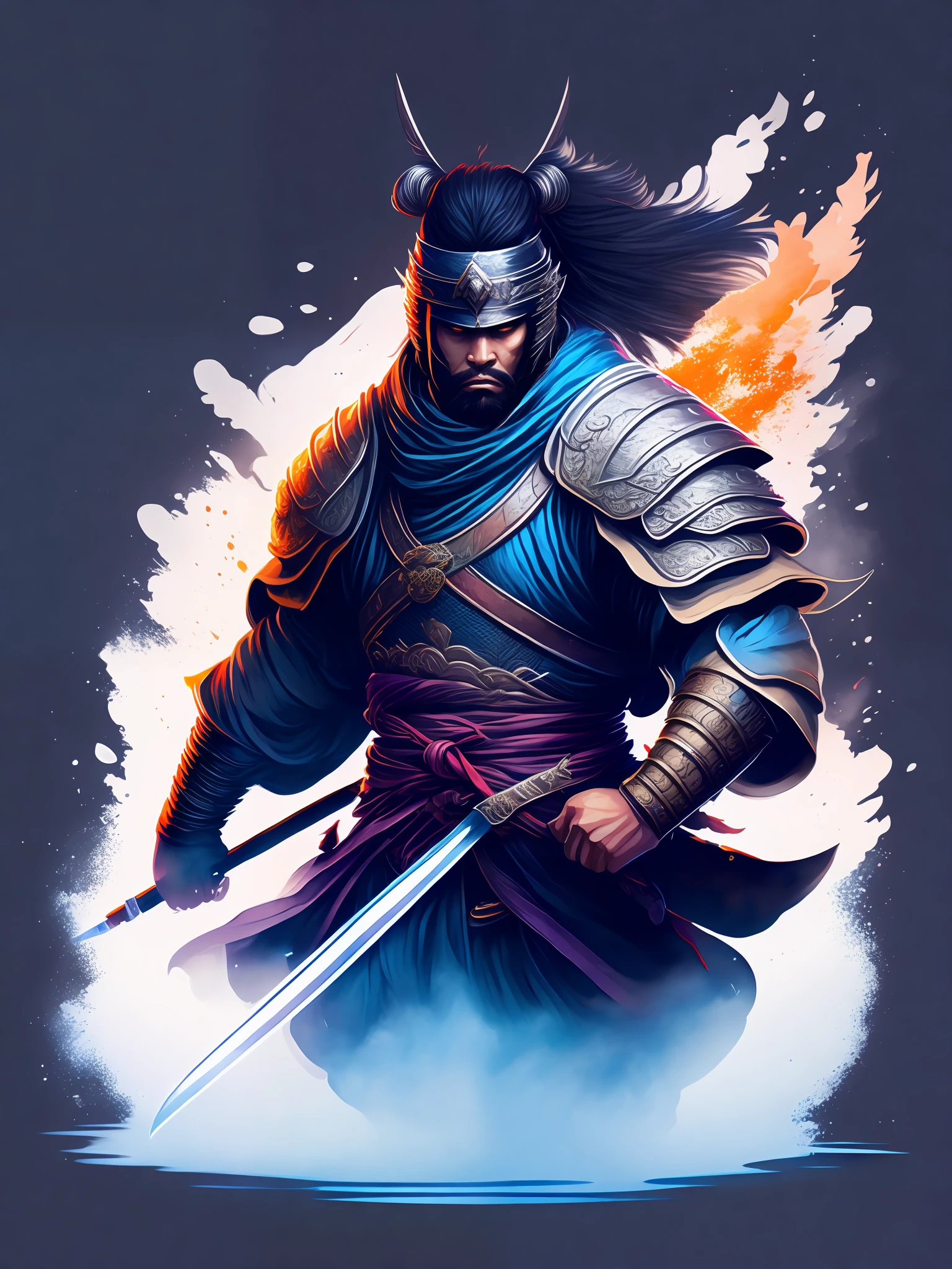 A powerful warrior samurai, in attack position, intricate details, rendering octane, artstation, masterpiece, best quality, tshirt design, rzminjourney, vector-art, water color, art drop