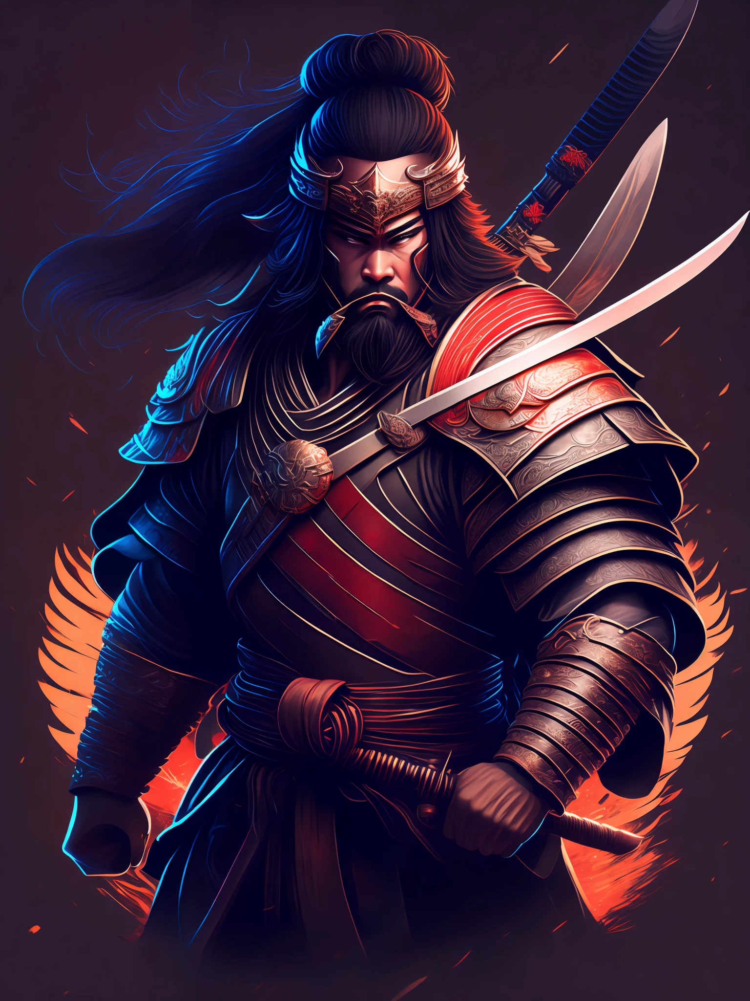 A powerful warrior samurai, in attack position, intricate details, rendering octane, artstation, masterpiece, best quality, tshirt design, rzminjourney, vector-art