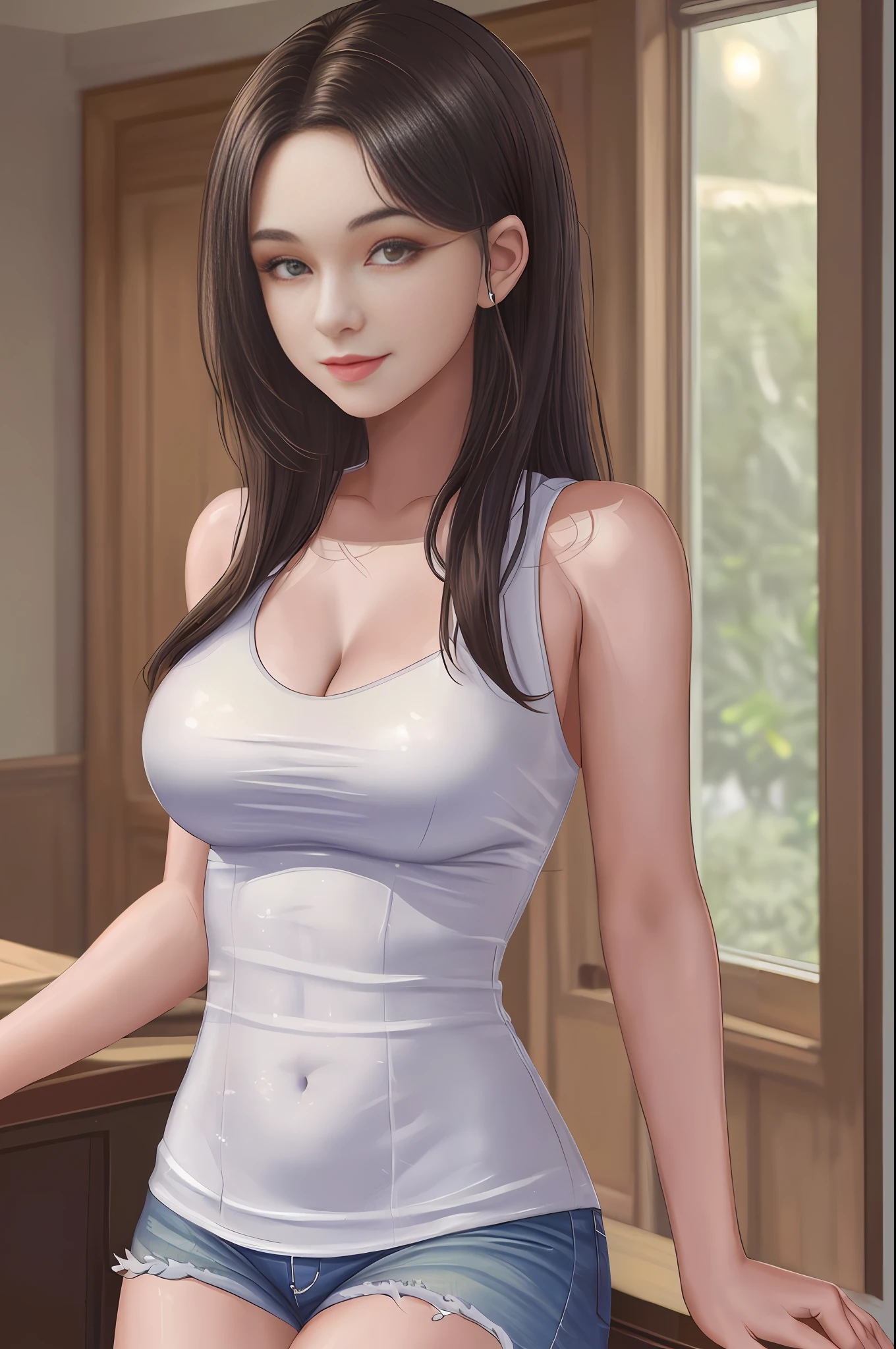 ((Best quality, 8k, Masterpiece :1.3)), 1girl, beautiful woman with emphasis on slim abs: 1.3, (casual hairstyle, big breasts: 1.2), casual wear: 1.2, interior, ultra-detailed face, delicate eyes, double eyelids, soft breasts, smile, exposed cleavage