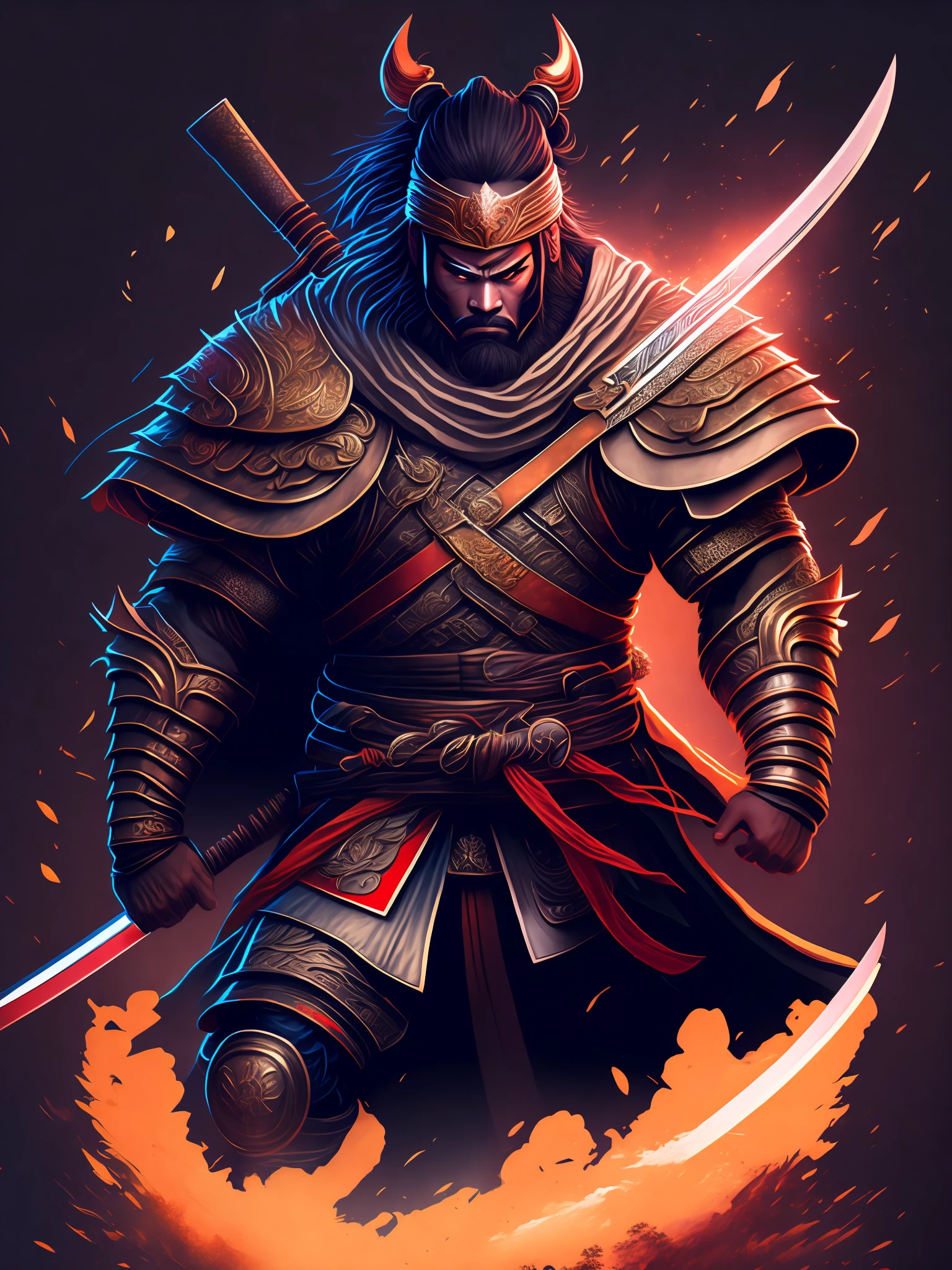 A powerful warrior samurai, in attack position, intricate details, rendering octane, artstation, masterpiece, best quality, tshirt design, rzminjourney, vector-art