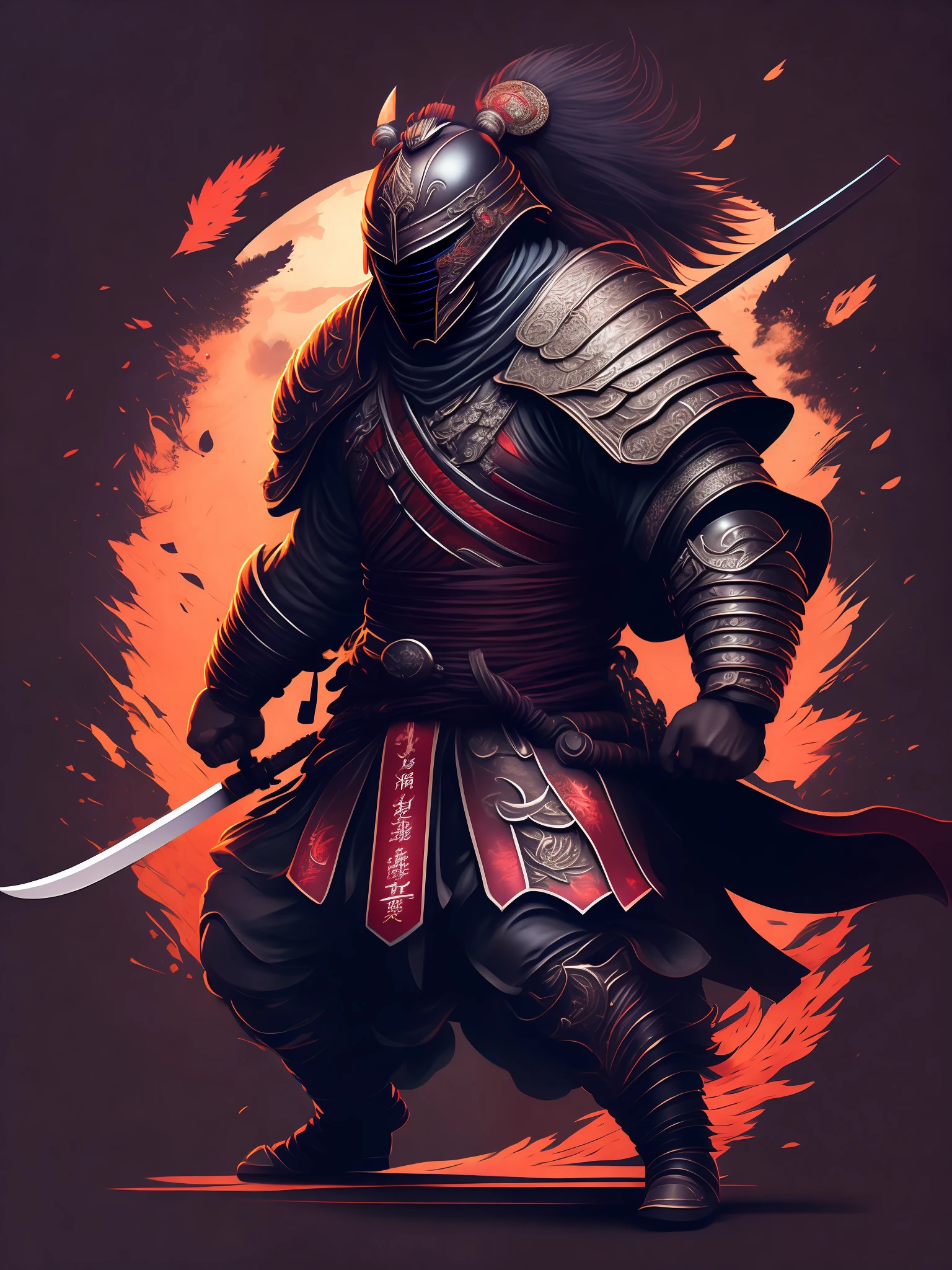 A powerful warrior samurai, in attack position, intricate details, rendering octane, artstation, masterpiece, best quality, tshirt design, rzminjourney, vector-art