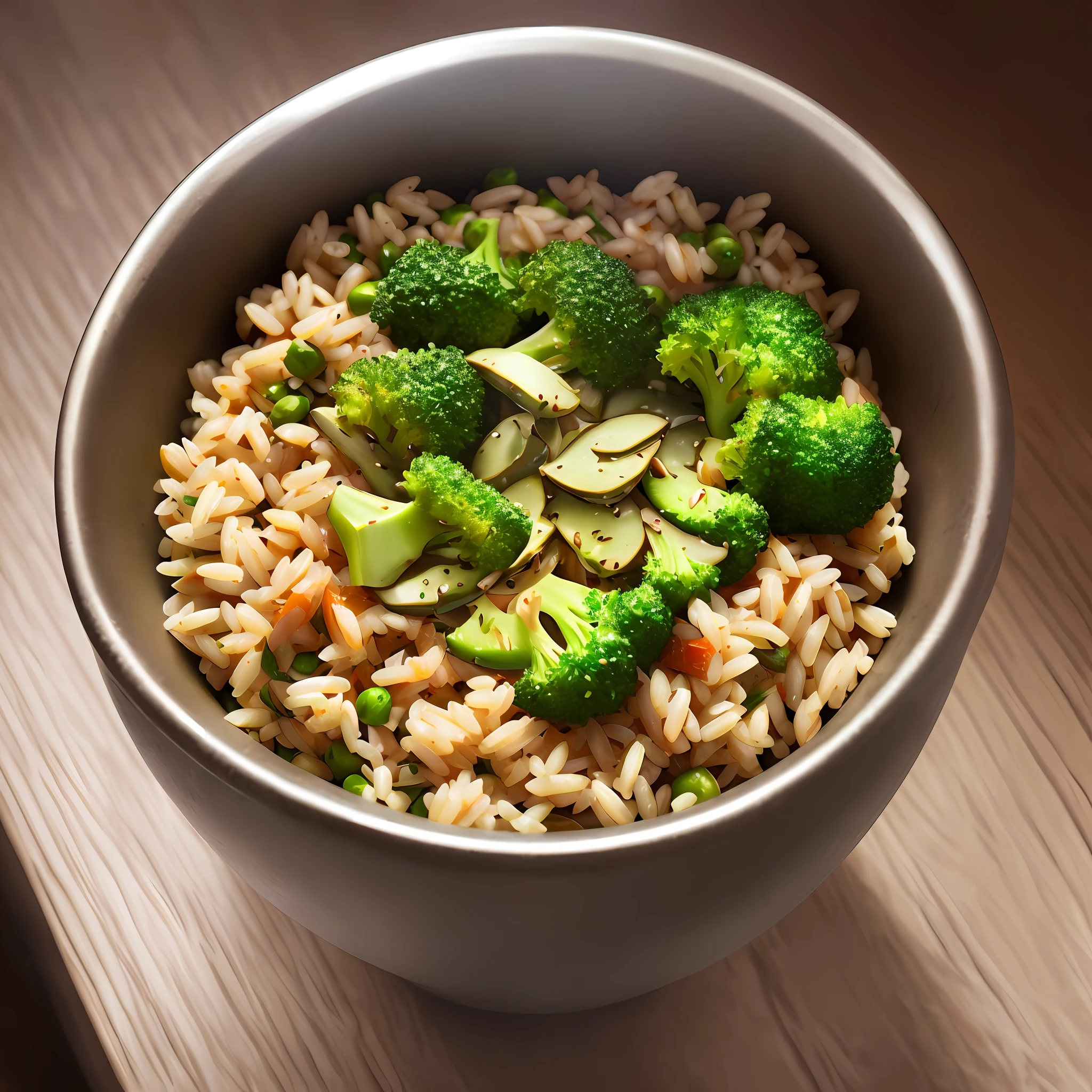 Ultra realistic style, stainless steel bowl with ((brown rice)), broccoli, pea, pumpkin seed, intricate details, dslr, 100 mm, pets, diffused light, Studio photography, professional advertising, 8k