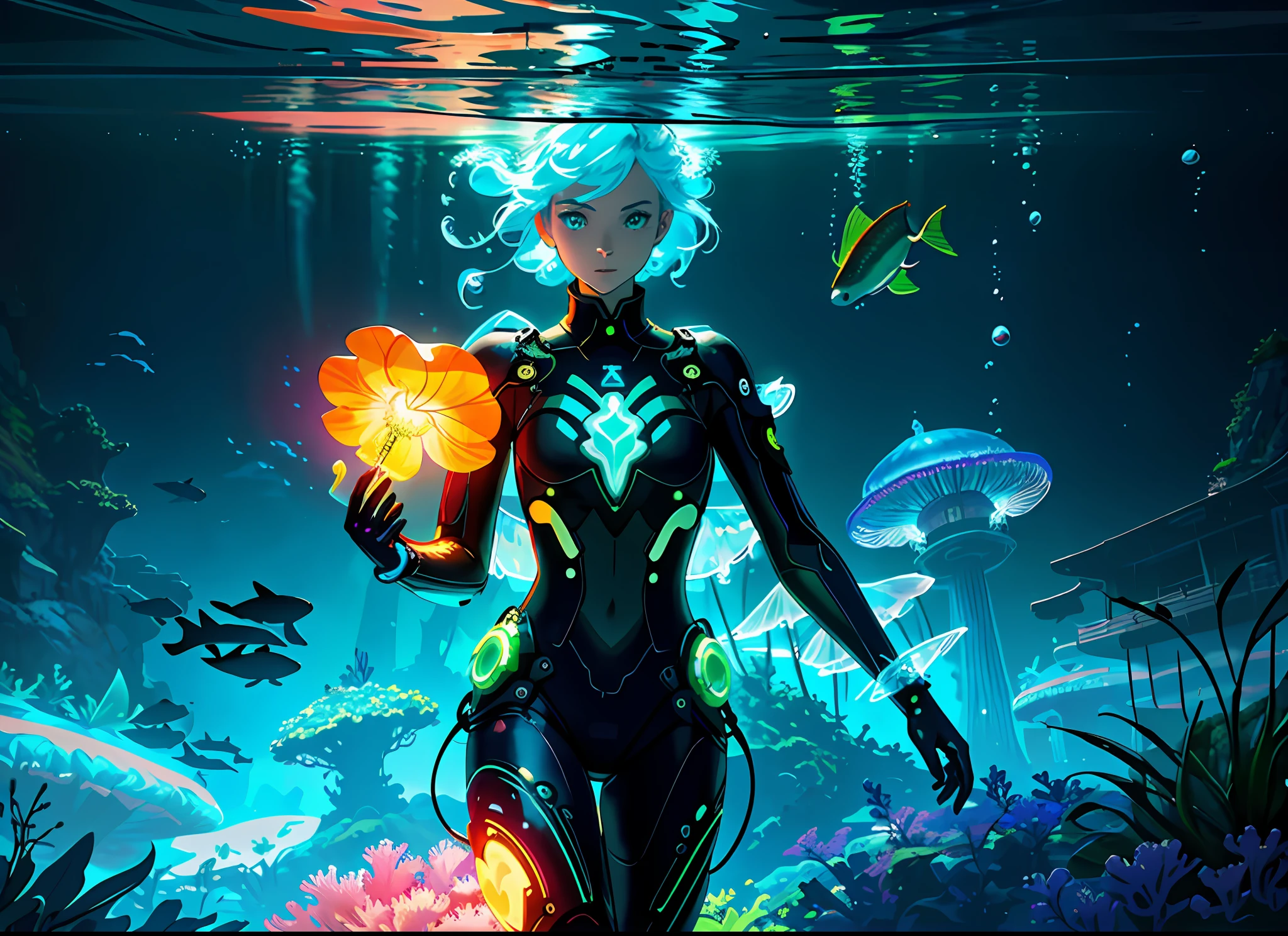Masterpiece, High Quality, Ocean Forest, City, Fantastic Fantasy, Glowing Plants, Coral Viaduct, (Swarm of Glowing Jellyfish), (Shoal of Fish with Transparent Wings Flying ), colorful fish,Misty, Extreme Detail, Morning Light, Epic Composition, (Intricate Detail), (Intricate Design, Ultra Detail: 1.2), Art Station, (Masterpiece, Best Quality), Ultra HD, 32k ,under water, 1 girl, futuristic dive suit, extension image, focus on the scenery,, acrylic palette knife, 4k, vibrant colors, devinart, trending on artstation,octane render, bioluminescent,8K resolution concept art, realism,by Mappa studios,masterpiece,best quality,official art,illustration,ligne claire,(cool_color),perfect composition,absurdres, fantasy, extension image, octane render, bioluminescent