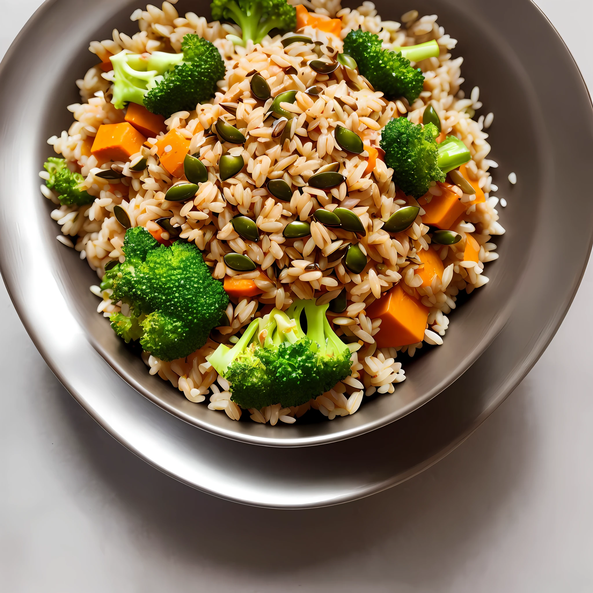 Ultra realistic style, stainless steel bowl with ((brown rice)), broccoli, pea, pumpkin seed, intricate details, dslr, 100 mm, pets, diffused light, Studio photography, professional advertising, 8k