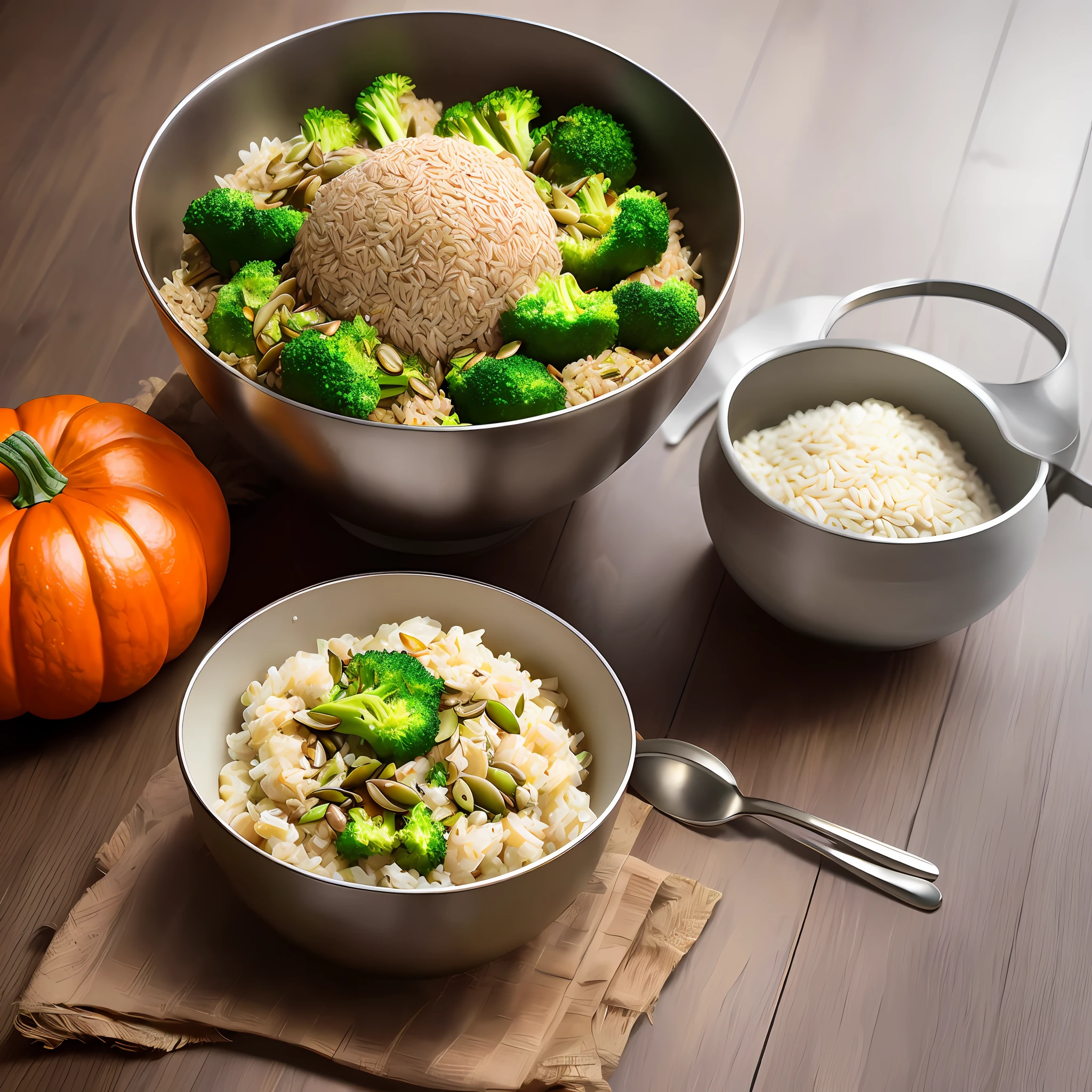 Ultra realistic style, stainless steel bowl with ((brown rice)), broccoli, pea, pumpkin seed, intricate details, dslr, 100 mm, pets, diffused light, Studio photography, professional advertising, 8k
