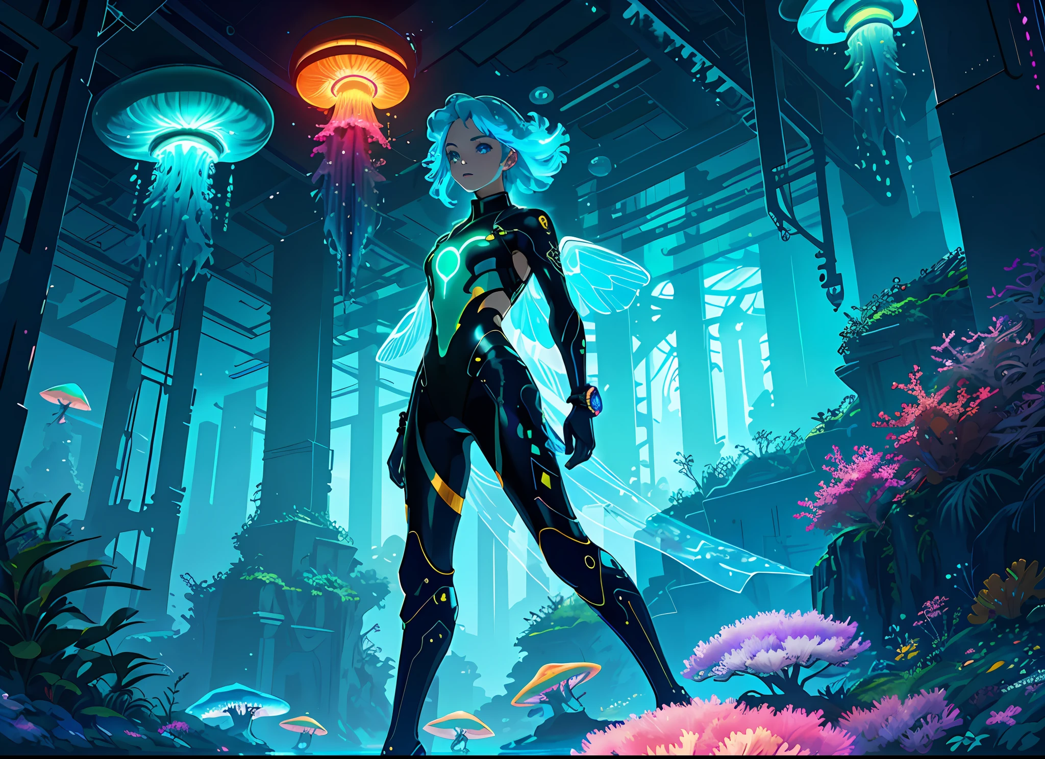 Masterpiece, High Quality, Ocean Forest, City, Fantastic Fantasy, Glowing Plants, Coral Viaduct, (Swarm of Glowing Jellyfish), (Shoal of Fish with Transparent Wings Flying ), colorful fish,Misty, Extreme Detail, Morning Light, Epic Composition, (Intricate Detail), (Intricate Design, Ultra Detail: 1.2), Art Station, (Masterpiece, Best Quality), Ultra HD, 32k ,under water, 1 girl, futuristic dive suit, extension image, focus on the scenery,, acrylic palette knife, 4k, vibrant colors, devinart, trending on artstation,octane render, bioluminescent,8K resolution concept art, realism,by Mappa studios,masterpiece,best quality,official art,illustration,ligne claire,(cool_color),perfect composition,absurdres, fantasy, extension image, octane render, bioluminescent