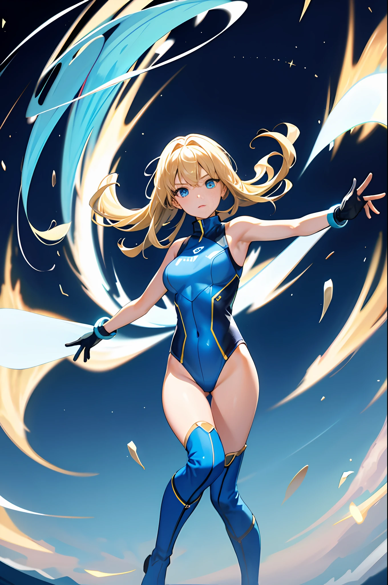 masterpiece, best quality, highres, 1girl, solo, superhero, leotard, bare legs, boots, matching boots, aura, blue aura, sleeveless, gloves, bracelets, matching gloves, looking at viewer, light particles, space backdrop, perfect hands, perfect eyes, powering up, perfect leotard, perfect legs, perfect arms, perfect fingers, blue and white leotard, blonde hair, blue eyes, medium breasts, long hair, spinning, tornado spin, whirlwind spin, wind particles, light swirls, tornado, hurricane spin, time travel, tornado winds, cyclone spin, standing,
