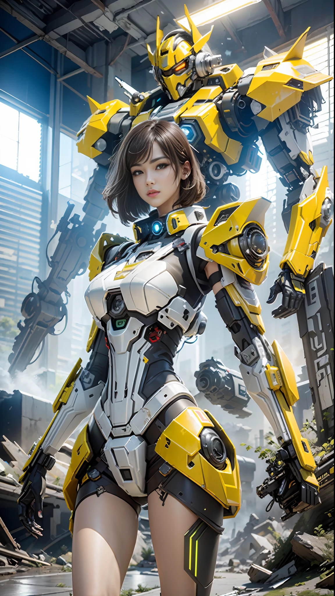 ((Best quality)), ((masterpiece)), (highly detailed:1.3), 3D,Shitu-mecha, beautiful cyberpunk women with her mecha in the ruins of city from a forgoten war, ancient technology,HDR (High Dynamic Range),Ray Tracing,NVIDIA RTX,Super-Resolution,Unreal 5,Subsurface scattering,PBR Texturing,Post-processing,Anisotropic Filtering,Depth-of-field,Maximum clarity and sharpness,Multi-layered textures,Albedo and Specular maps,Surface shading,Accurate simulation of light-material interaction,Perfect proportions,Octane Render,Two-tone lighting,Low ISO,White balance,Rule of thirds,Wide aperature,8K RAW,Efficient Sub-Pixel,sub-pixel convolution,luminescent particles,light scattering,Tyndall effect