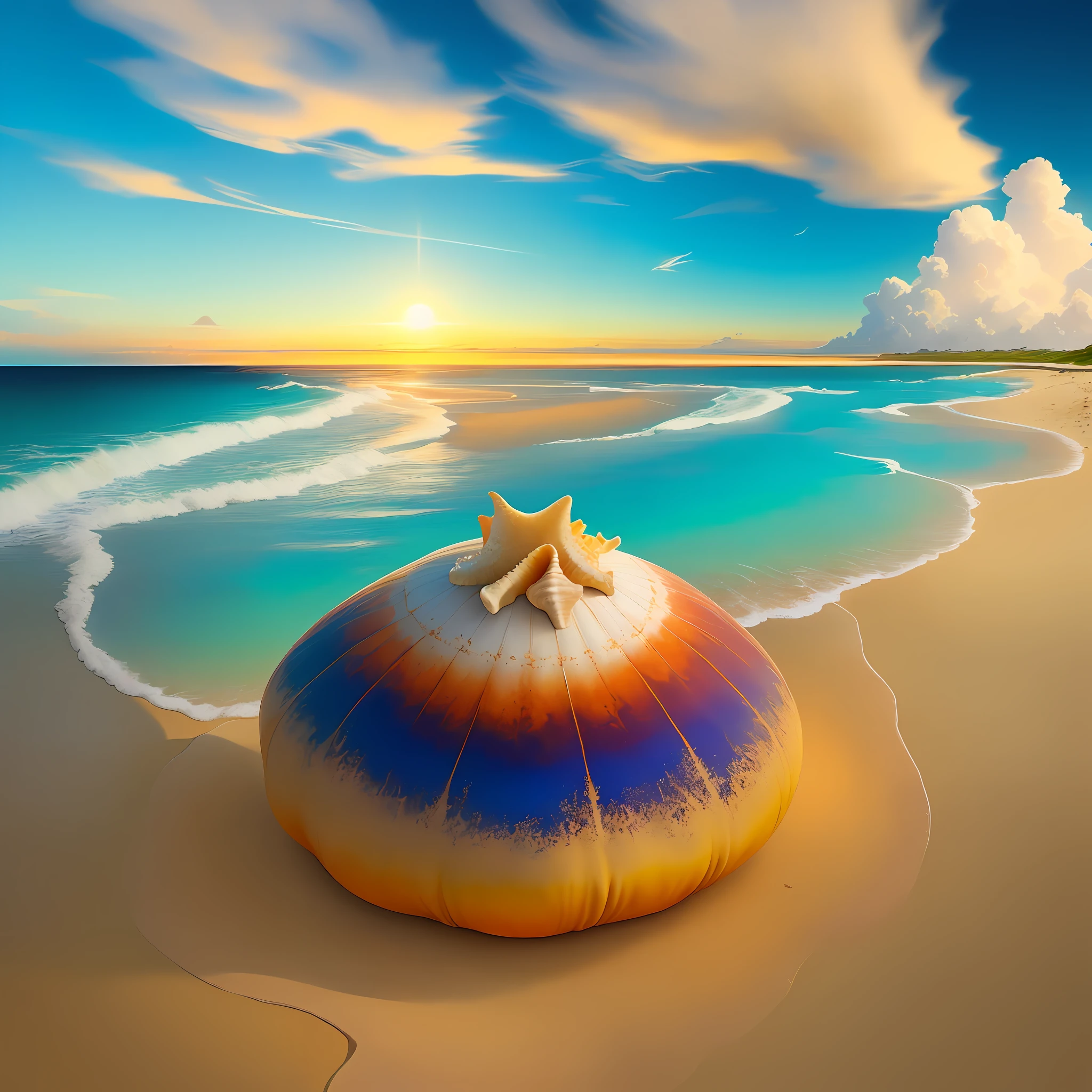 A surrealistic painting of a conch shell resting on a sandy beach in a tropical paradise at sunset. The warm, golden light of the sun illuminates the scene, casting long shadows on the sand. The conch shell is depicted in stunning detail, with bold and vibrant colors that give it a magical, otherworldly quality. The painting is executed in the style of Salvador Dali using oil on canvas to create a dreamlike atmosphere. The museum-quality artwork invites the viewer to step into this enchanted world of sand, sea, and sky.