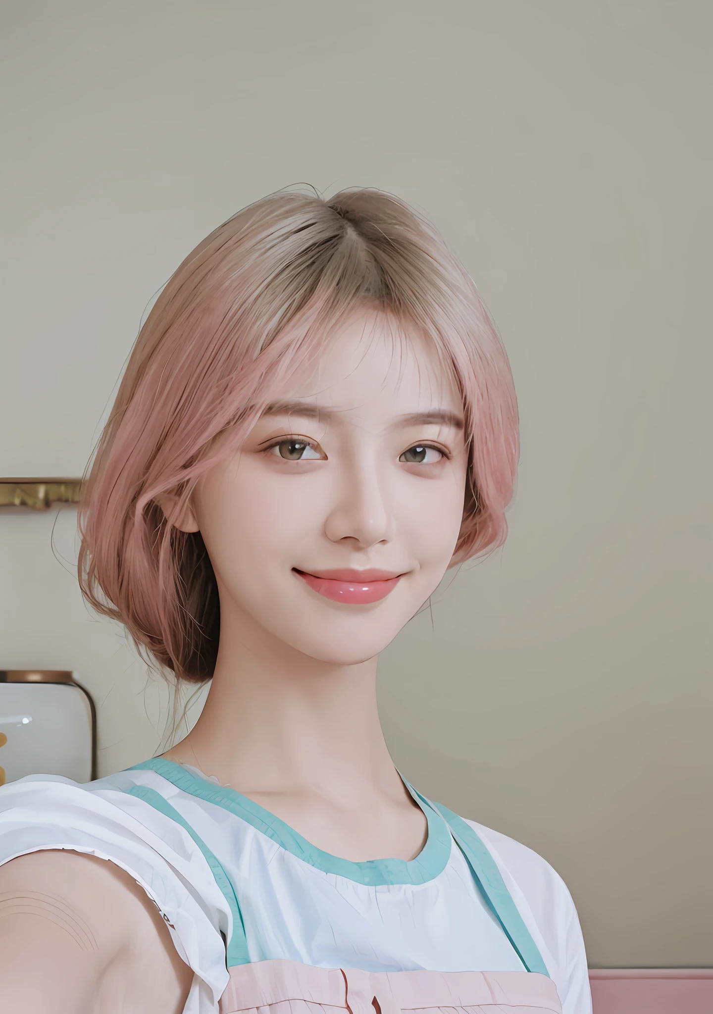 8K, Best Quality, Masterpiece, Ultra High Resolution, (Realism: 1.4), Original Photo, (Realistic Skin Texture: 1.3), (Film Grain: 1.3), (Selfie Angle), 1 Girl, Beautiful Emerald Gemstone Eyes and Exquisite Face Details, Pink Top, Masterpiece, Best Quality, Close-up, Upper Body, Looking at the Viewer, (Smile: 1.5), , Big , Oversized ,,