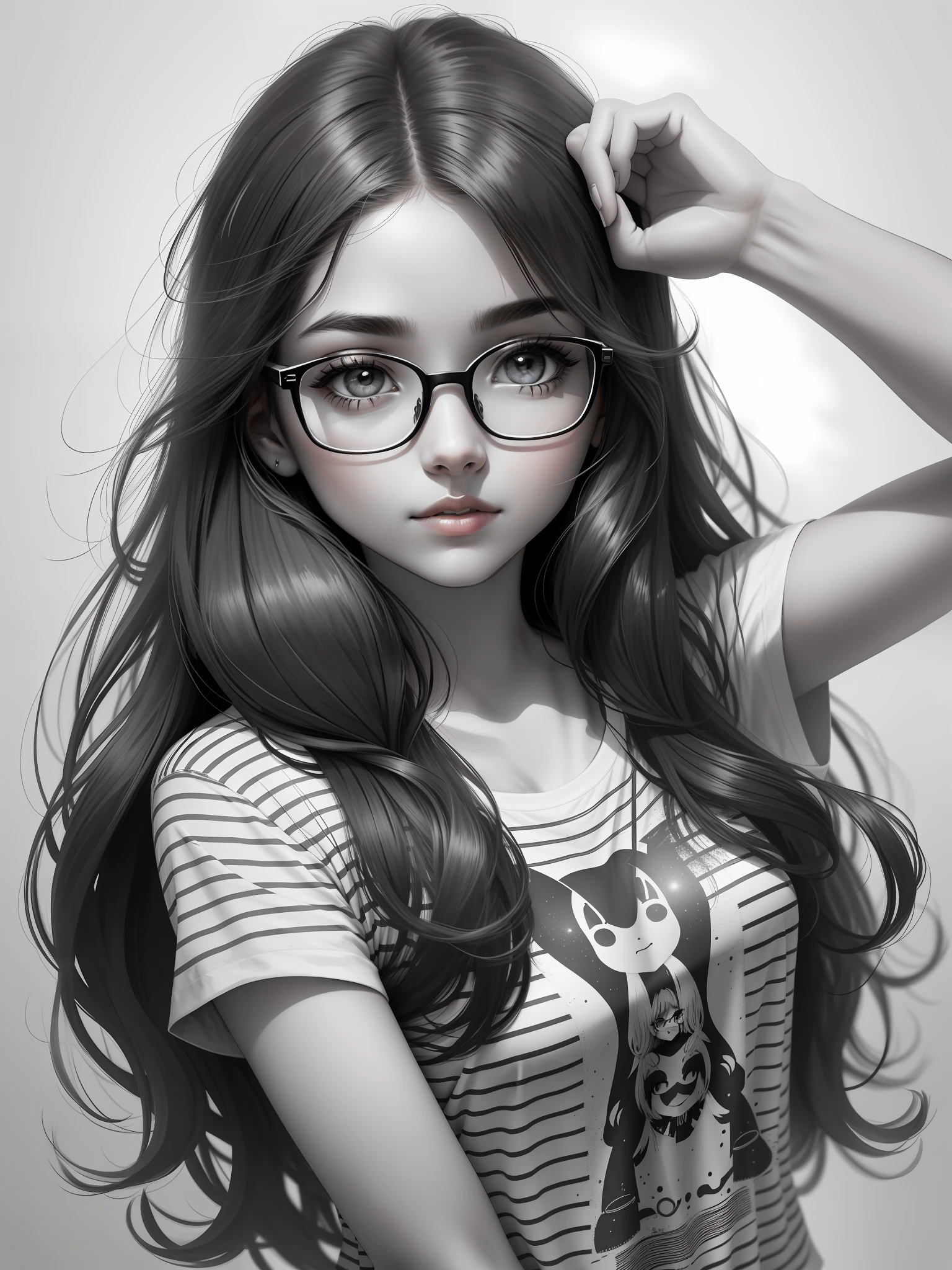 black and white drawing of a girl's face with glasses, long hair, black and white striped tshirt, lineart, white background,