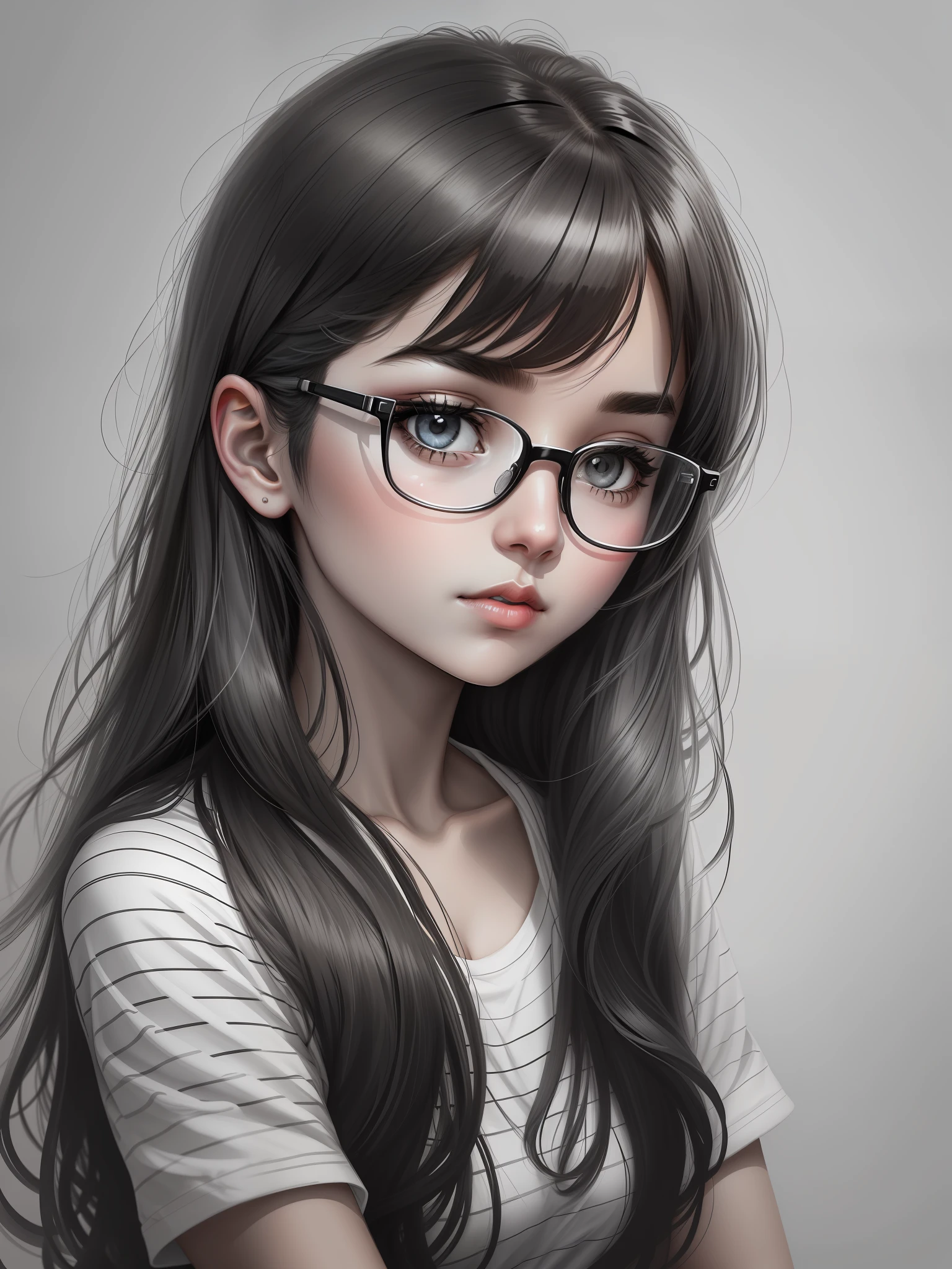 black and white drawing of a girl's face with glasses, long hair, black and white striped tshirt, lineart, white background,