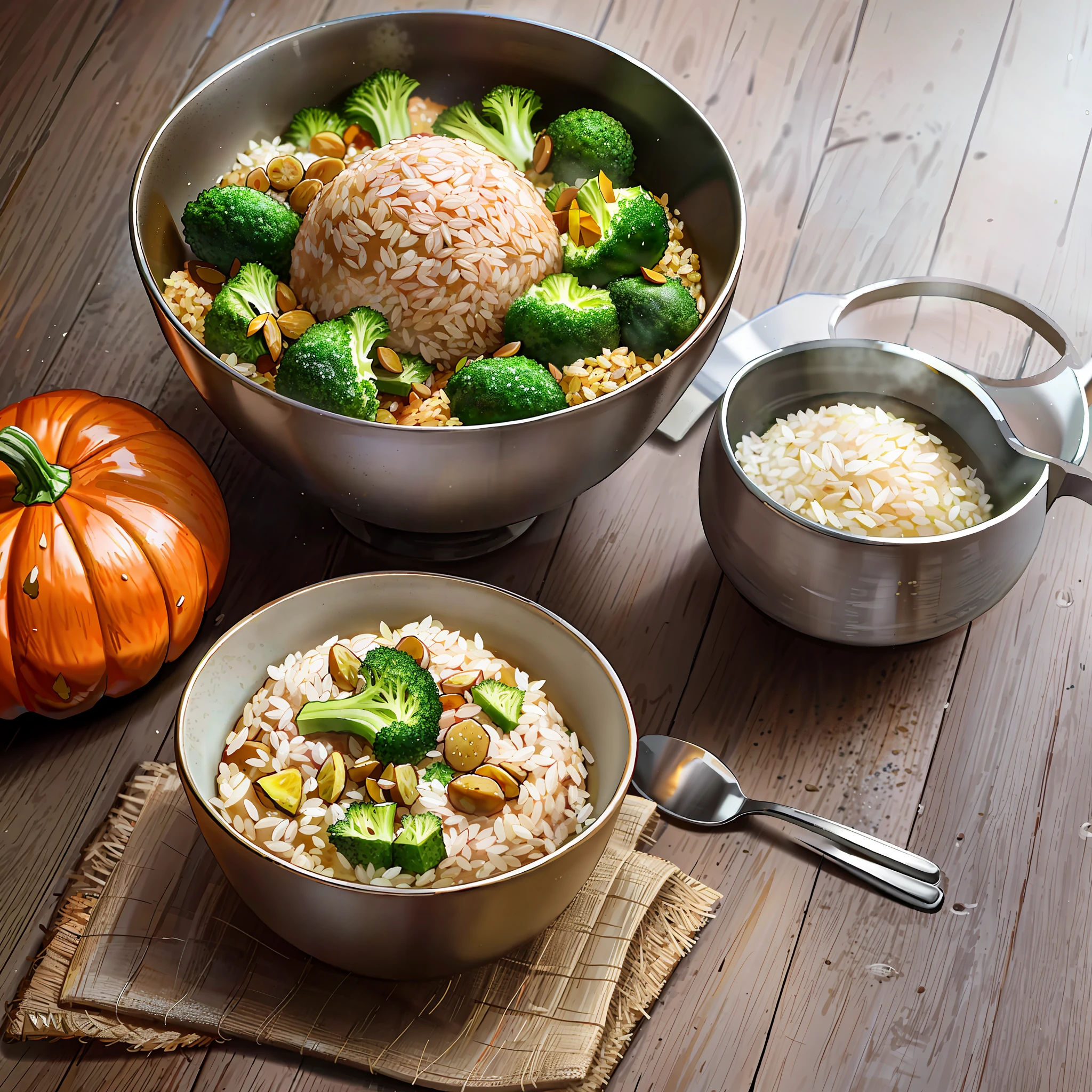 There is a bowl of brown rice and broccoli on a table, rice, high quality food photography, healthy, professional food photography, harvest, pumpkin tooth", salty, kitchen, rich texture, autumn season, professional food photo, food particles, HD food photography, holiday season, rice balls, (visually stunning, food photography up close,  stuffed, food style, autumn