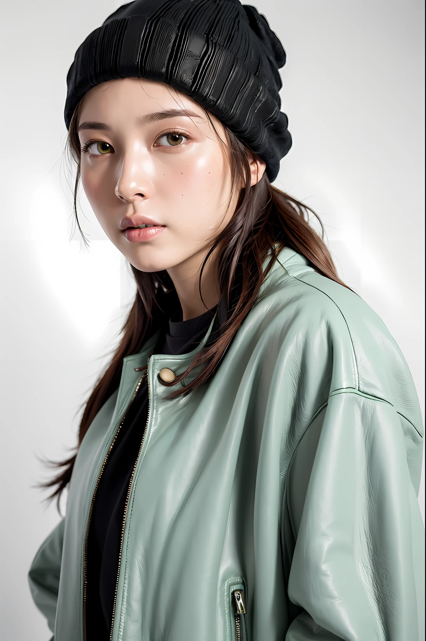 (
(8k:1.27), best quality, masterpiece, ultra highres:1.2) Photo of Pretty Japanese woman
 (beautiful:1.1) (sci-fi warrior woman:1.1) space soldier, (beanie:1.61) (leather jacket:1.21) intricate elegant, fantasy, detailed, ometric by greg rutkowski and alphonse mucha, gradient lighting