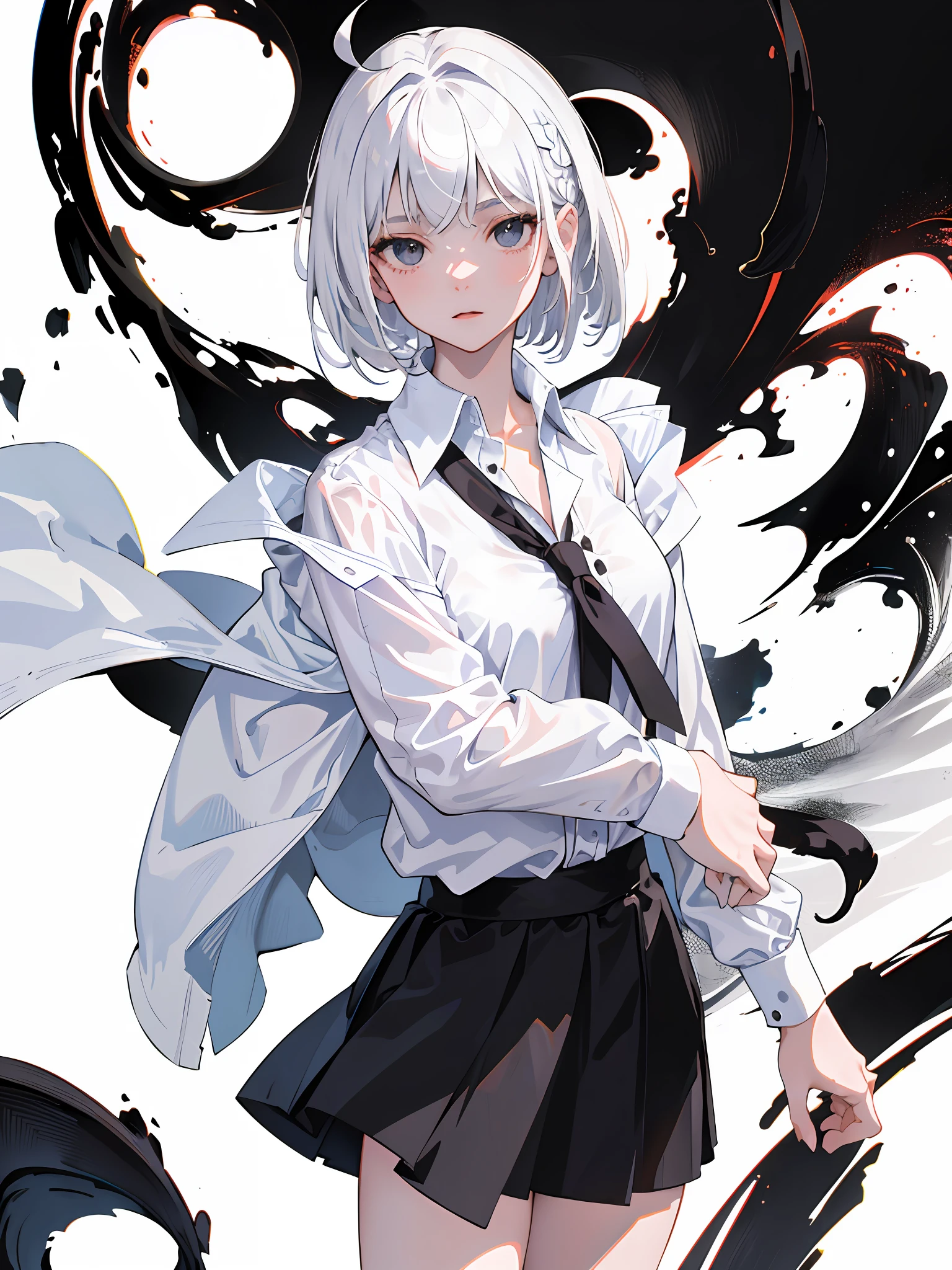 ((masterpiece, best quality)), (1girl), (solo), (female focus), (ahoge, white hair, short hair), black eyes, ((white shirt), (buttoned shirt)), ((black skirt), (short skirt)), standing, white background, behind arms,