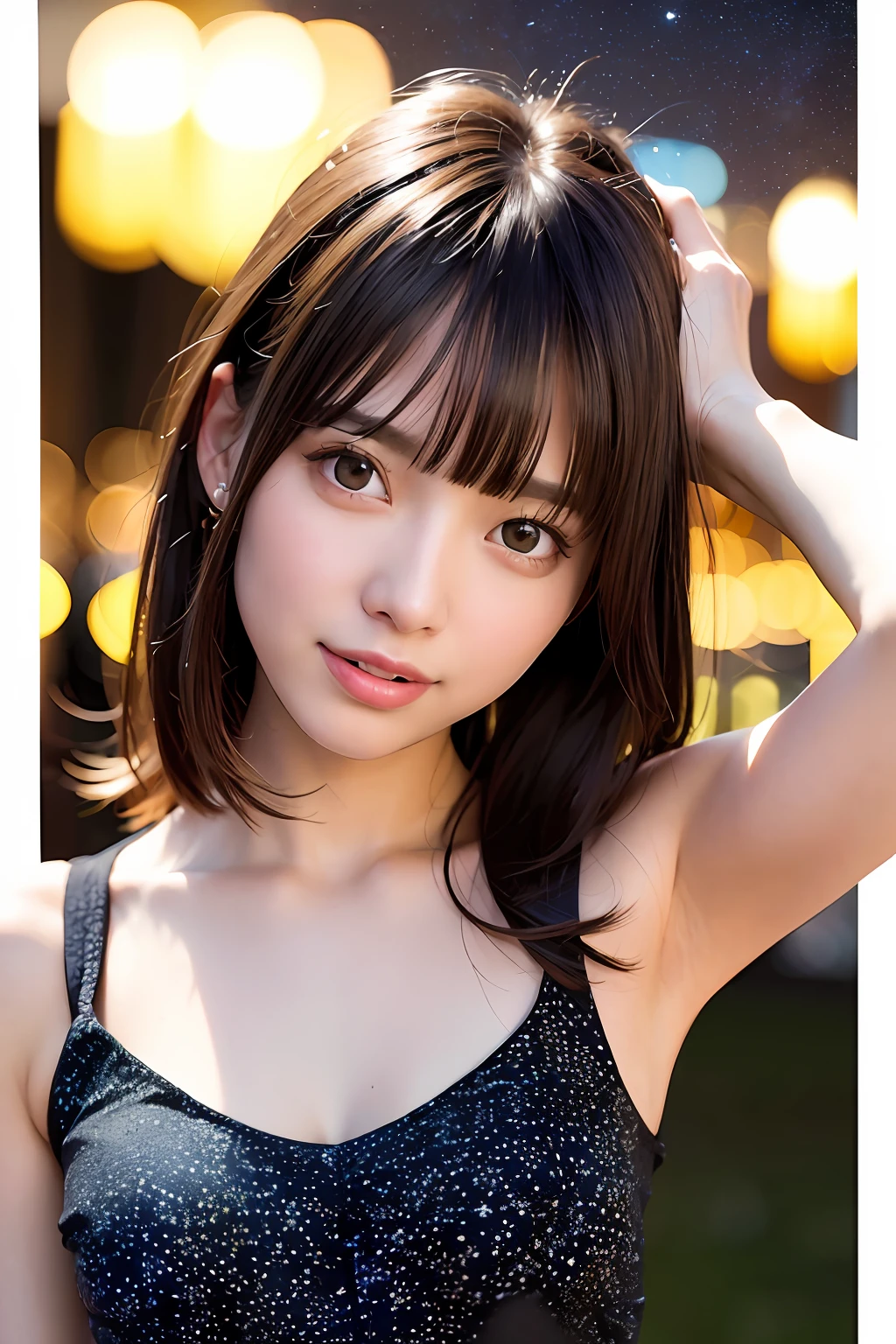 best quality, masterpiece, ultra high res, 8K, raw, (photo realistic:1.4), professional lighting, low angle, (detailed background:1.5), starry sky, slender, dynamic pose, night, 1 girl, cute, smile, big black eyes, long eyelashes, open mouth, tiny breasts, medium hair, short bangs, detailed clothes, sleeveless_dress