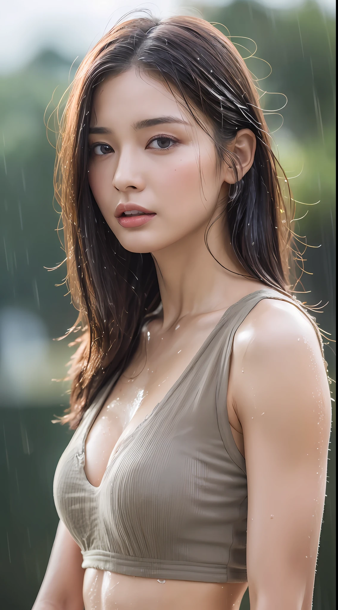 (top quality, 4k, masterpiece: 1.3), beautiful woman, one woman, (breasts, attractive body: 1.2), abs: 1.1, dark brown hair: 1.1, (rain wet, rain wet, wet body: 1.2), ultra-detailed face, detailed lips, detailed eyes, double eyelids.