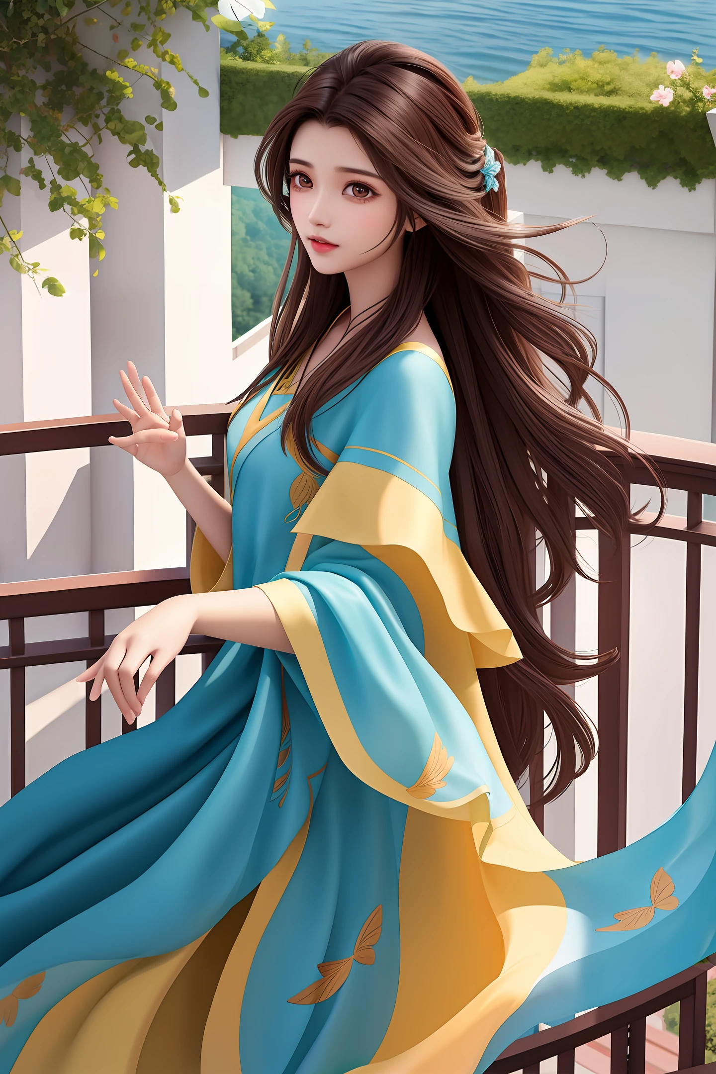 Brown woman with long dark hair fluttering in the wind, with her hand outstretched on a balcony at dawn, looking away,serene views,