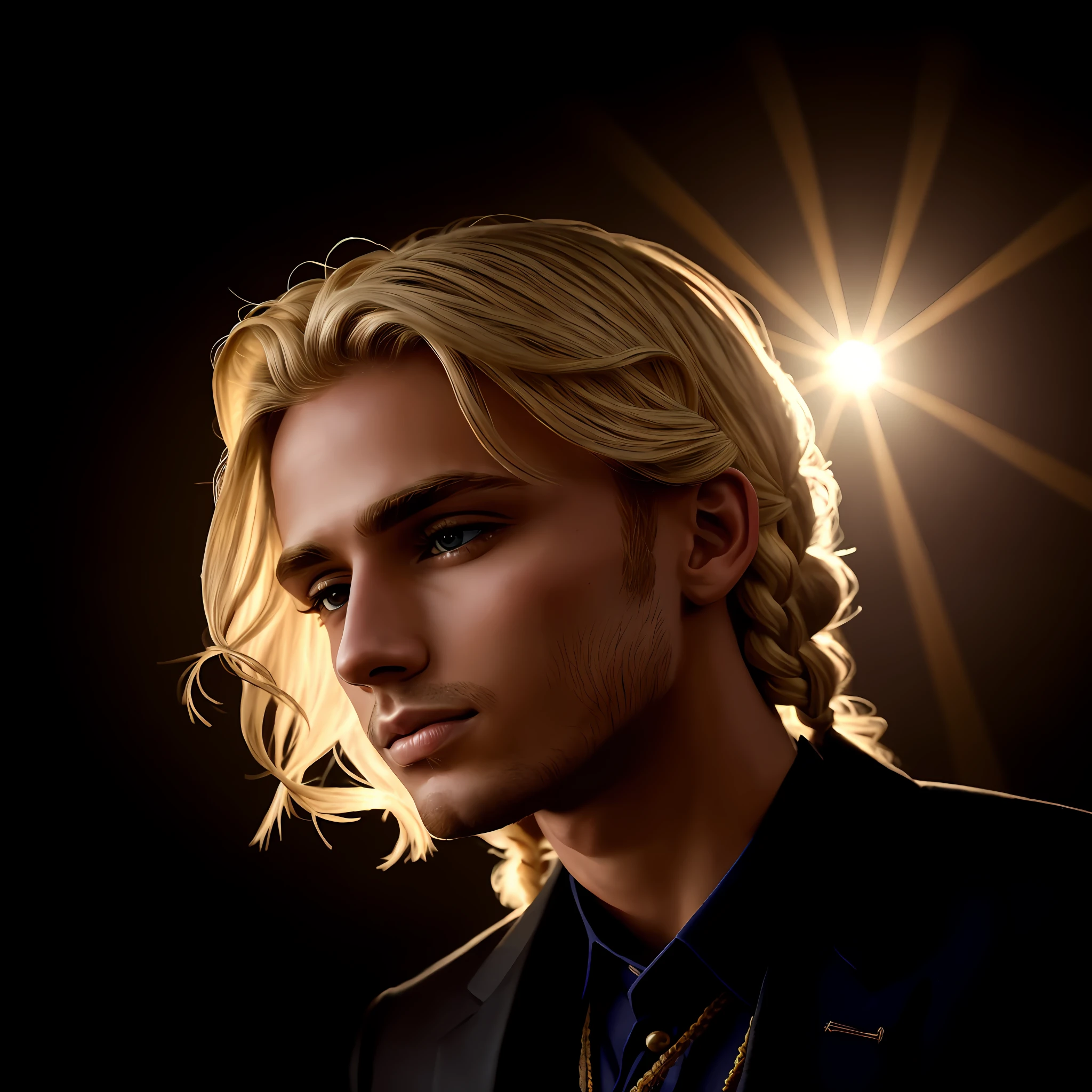 hamdsome male, higly detailed, complex background, blonde hair, braid, from below, Fujicolor, god rays, anatomically correct, masterpiece