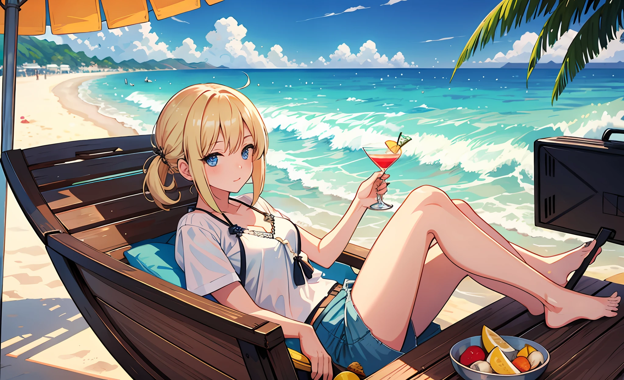 (mksks style, detailed background:1.1), (solo:1.2), (eyes_focus), blonde_hair, cap, white_shirt, close_up,(outdoors, summer (season):1.3), cocktail, market stall, boat, beach, relaxing, beautiful