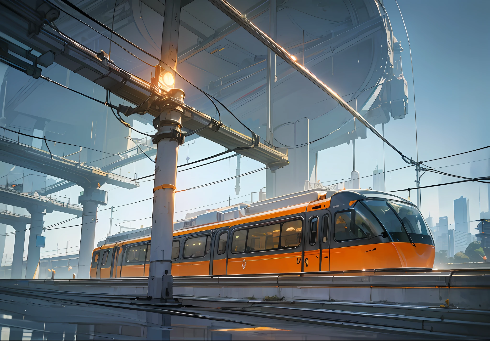 "(high resolution),(masterpiece),(very detailed), (excellent lighting),(feeling of movement), (dynamic angle) an orange futuristic monorail running at high speed, in the background you see a city (gray cement, electric cable, pole, light bulbs, volumetric lighting) on a sunny morning."