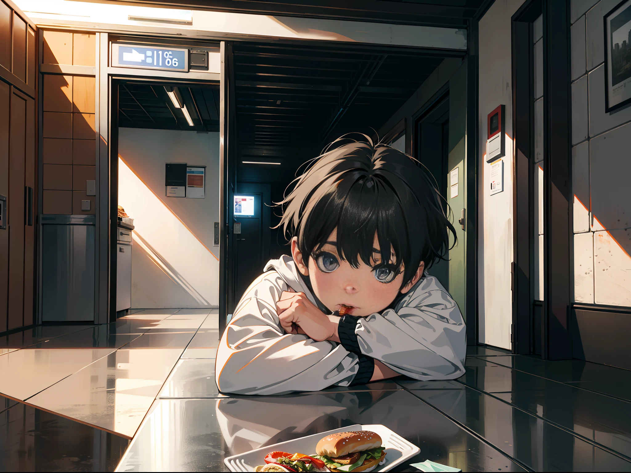 Realistic: 1.1) Photo, f 1.5, volumetric lighting, RAW, 8k, HDR, RAW, art station trend, stairway, a ddler stealing food at an aisle door, hamburger in hand, face detail, mouth detail, 4 yewearing casual clothes, short hair, food in hand, floor tiles, elevator, warm lighting, sitting on the floor