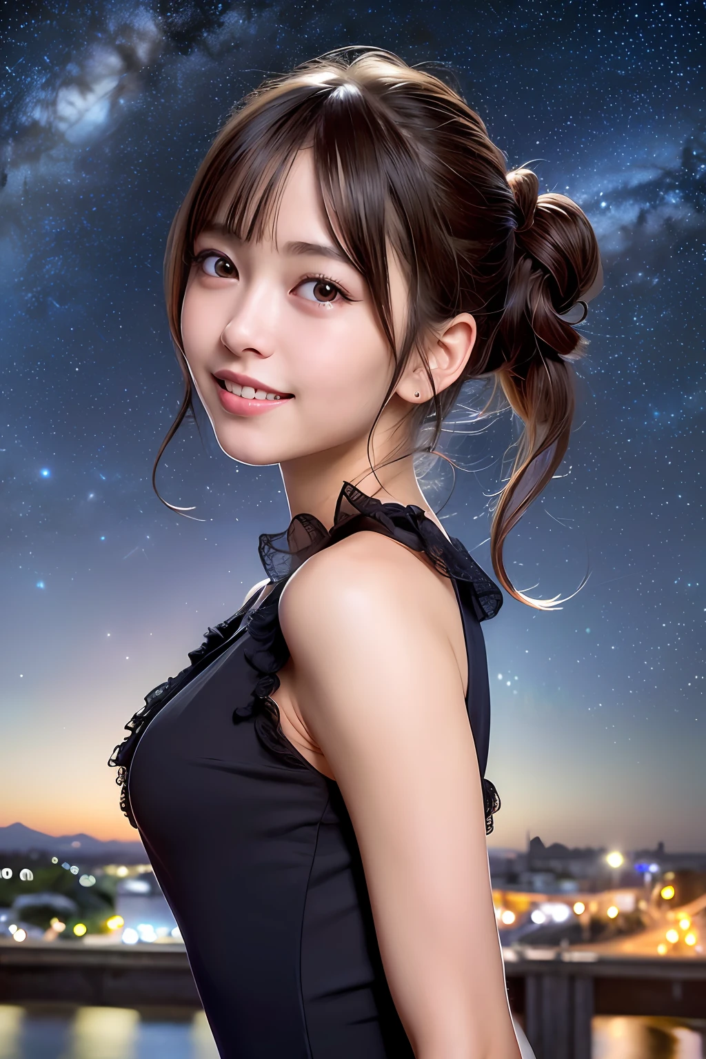 best quality, masterpiece, ultra high res, 8K, raw, (photo realistic:1.4), professional lighting, low angle, (detailed background:1.5), starry sky, slender, dynamic pose, night, 1 girl, cute, smile, big black eyes, long eyelashes, open mouth, tiny breasts, medium hair, short bangs, detailed clothes, (sleeveless one piece)