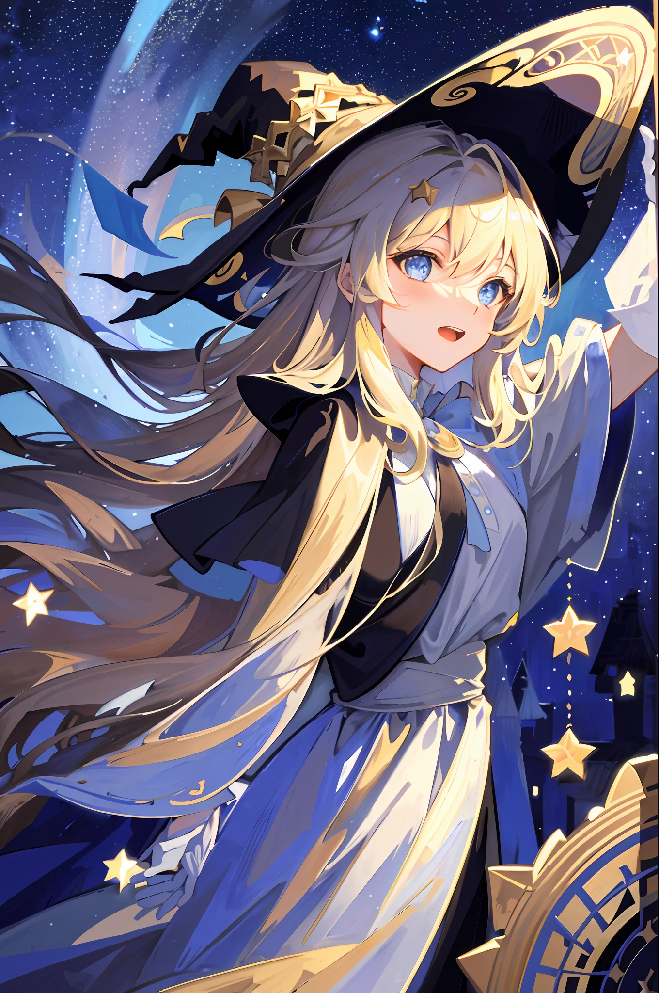 ((Masterpiece: 1.2, Best Quality)), 1girl, Solo, (Witch Hat), Blonde, Long Hair, Dress, Aurora, Night, Stars (Sky), Gloves, Sky, White Dress, Night Sky, Open Mouth, Starry Sky, Blue Eyes, Ribbon, Very Long Hair, Red Dress, Smile, Hair Ribbon, Cloak, Blue Hair, (Bird), Magic, Casting Spells, Dark Clouds, Night, (Impressionism: 1.4), (Tarot: 1.3) , Alphonse Mucha,