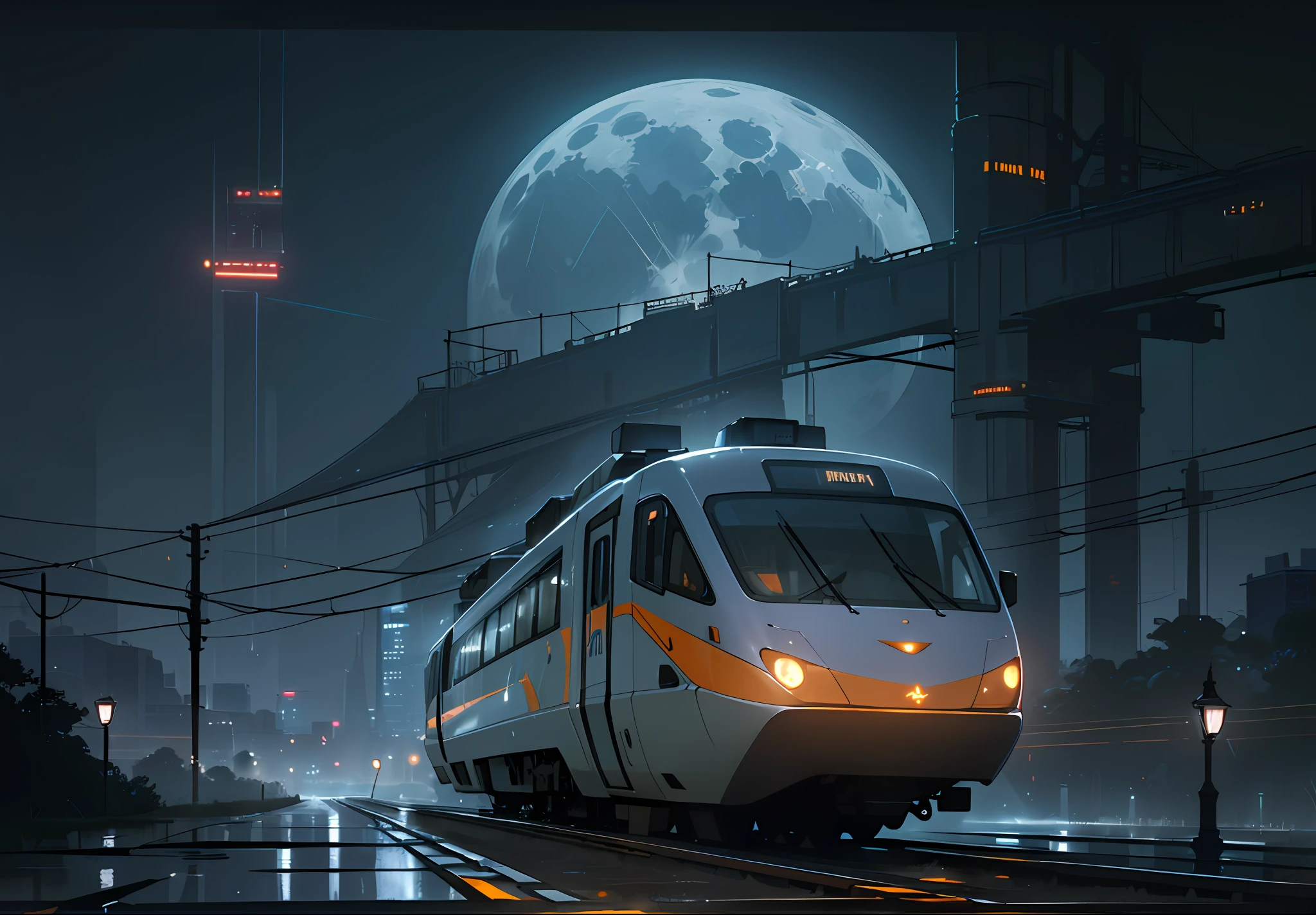 "(high resolution),(masterpiece),(very detailed), (excellent lighting),(feeling of movement), (dynamic angle) an orange futuristic monorail running at high speed, in the background you see a city (gray, electric cables, illuminated spotlights, humidity) on a night with full moon, oppressive and dark environment, volumetric fog, bluish light, somewhat dull color"