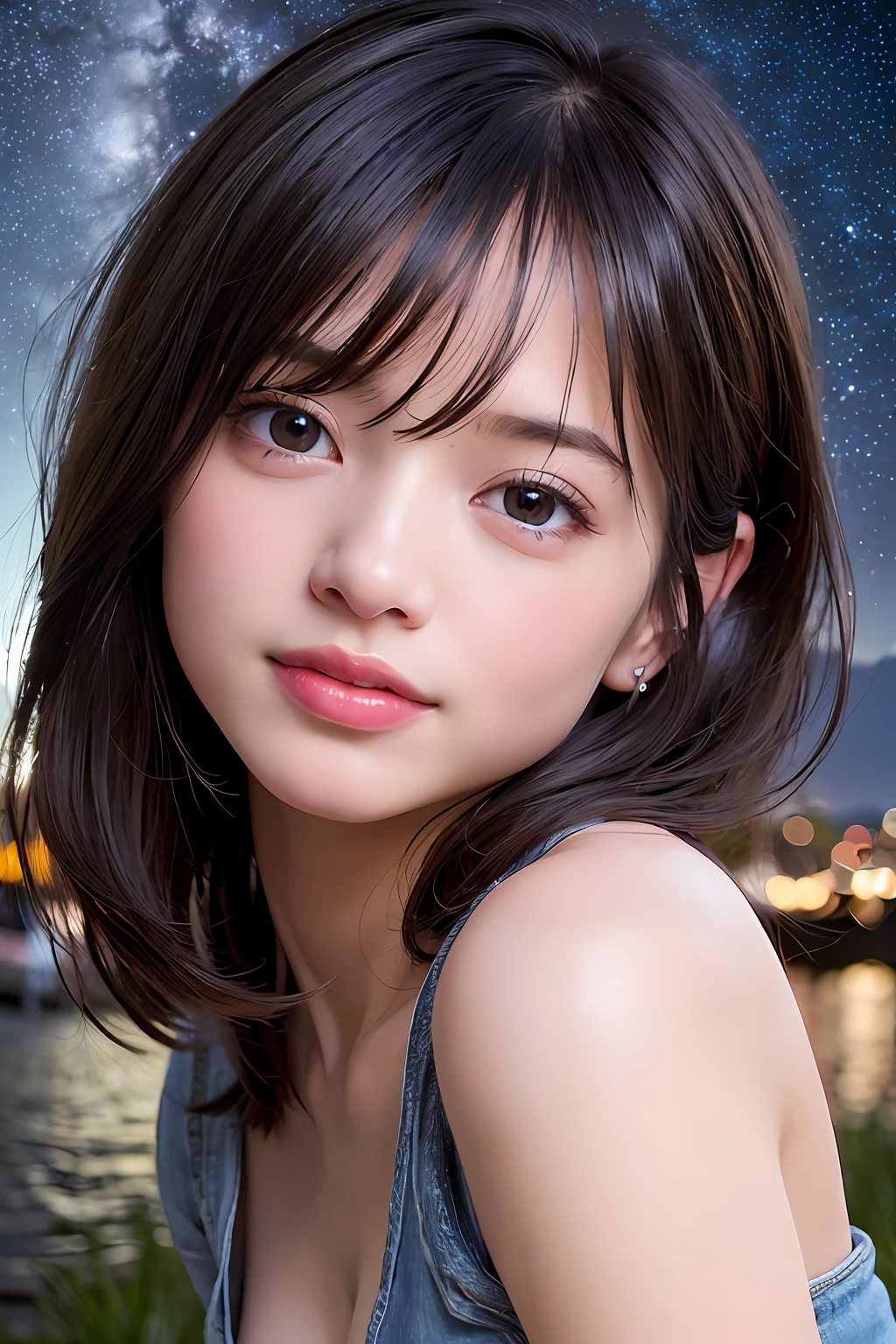 best quality, masterpiece, ultra high res, 8K, raw, (photo realistic:1.4), professional lighting, low angle, (detailed background:1.5), starry sky, slender, dynamic pose, night, 1 girl, cute, smile, big black eyes, long eyelashes, open mouth, tiny breasts, medium hair, short bangs, detailed clothes, crop_top, wide denim pants