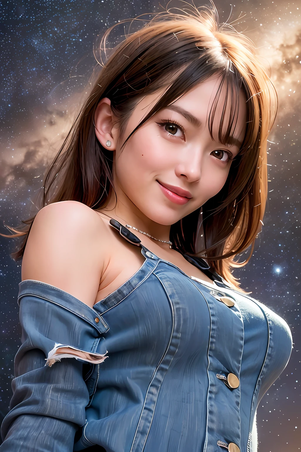 best quality, masterpiece, ultra high res, 8K, raw, (photo realistic:1.4), professional lighting, low angle, (detailed background:1.5), starry sky, slender, dynamic pose, night, 1 girl, cute, smile, big black eyes, long eyelashes, open mouth, tiny breasts, medium hair, short bangs, detailed clothes, crop_top, wide denim pants