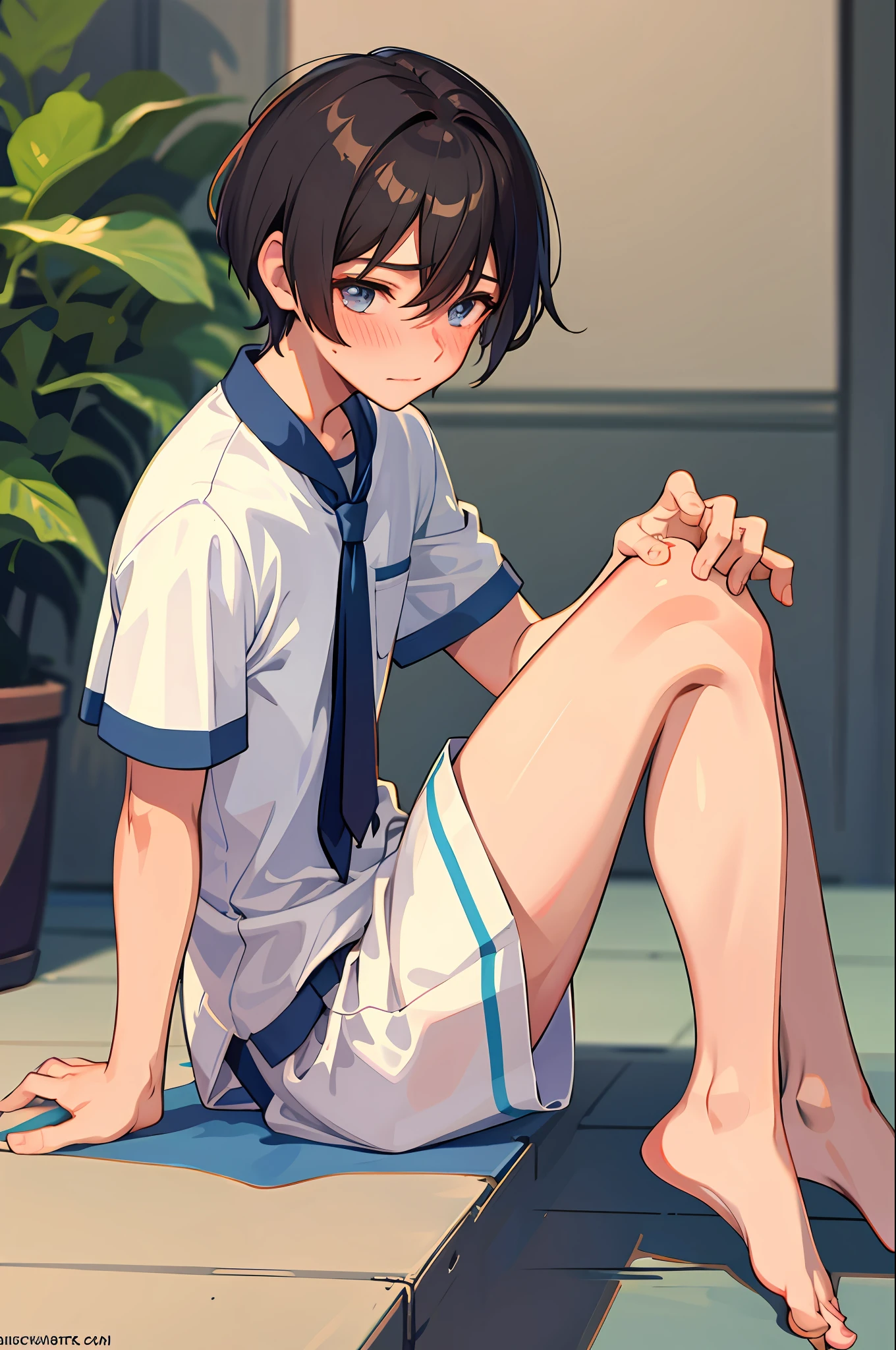 1 boy, barefoot, short hair, brunette hair, show feet, teen, no muscles, 18 year old boy, blushing, sitting, sexy